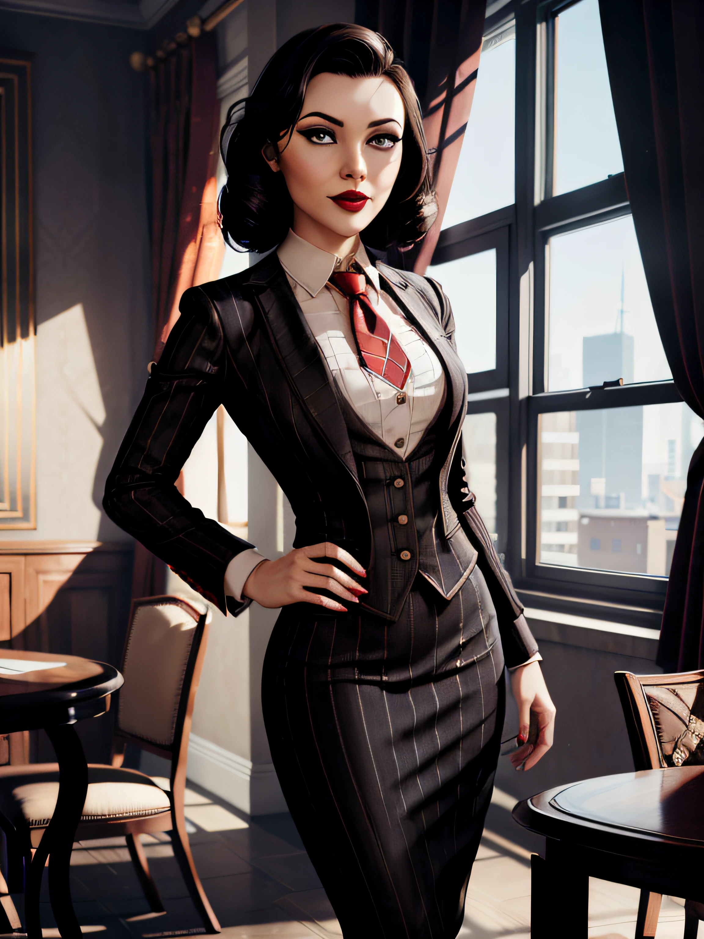 Elizabeth comstock, Portrait, smiling a viewer, (dessous), red lipstick, at detectives office, noire (8k, RAW photo, best quality, masterpiece:1.2),ultra-detailed, (high detailed skin:1.2), 8k uhd, dslr, soft lighting, high quality, 1 girl, cigarette, (((black pinstripe suit))), skirt suit, (((three-piece suit))), (((blazer))), (((suit jacket))), red necktie, (((waistcoat))), (((bodycon pencil skirt))), tights, pantyhose, textured pantyhose, cross pattern pantyhose,