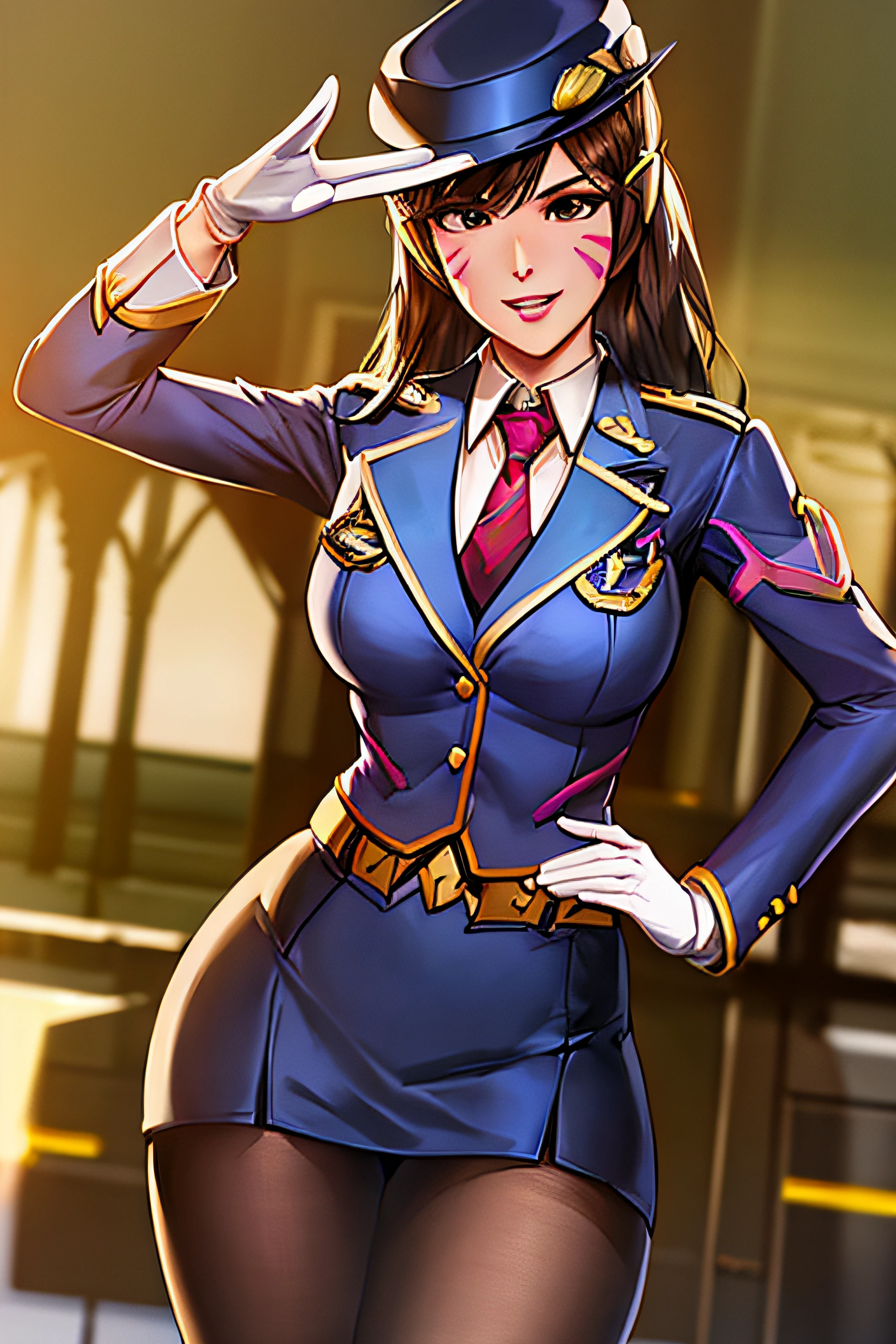 portrait, d.va, friendly face expression, long hair, police uniform, navy skirt suit, formal police uniform, suit and tie, suit jacket, necktie, blue shirt, blazer, bodycon miniskirt, pencil skirt, belt, white gloves, police cap, pantyhose, epaulettes, friendly face expression, looking at viewer, salute, hand on hip, sunlight, best quality, sunlight,best quality