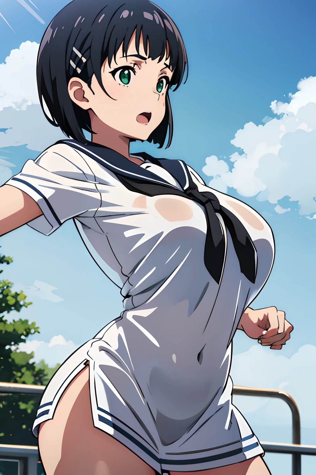 very huge tits,  white wet sailor uniform, , Naoha Kirigaya(sword art online), 1girl, bob hair, black hair, hairclip, ​masterpiece, green eyes, top-quality, A sexy、school、dynamic angle, view at camera, half body, open mouth,