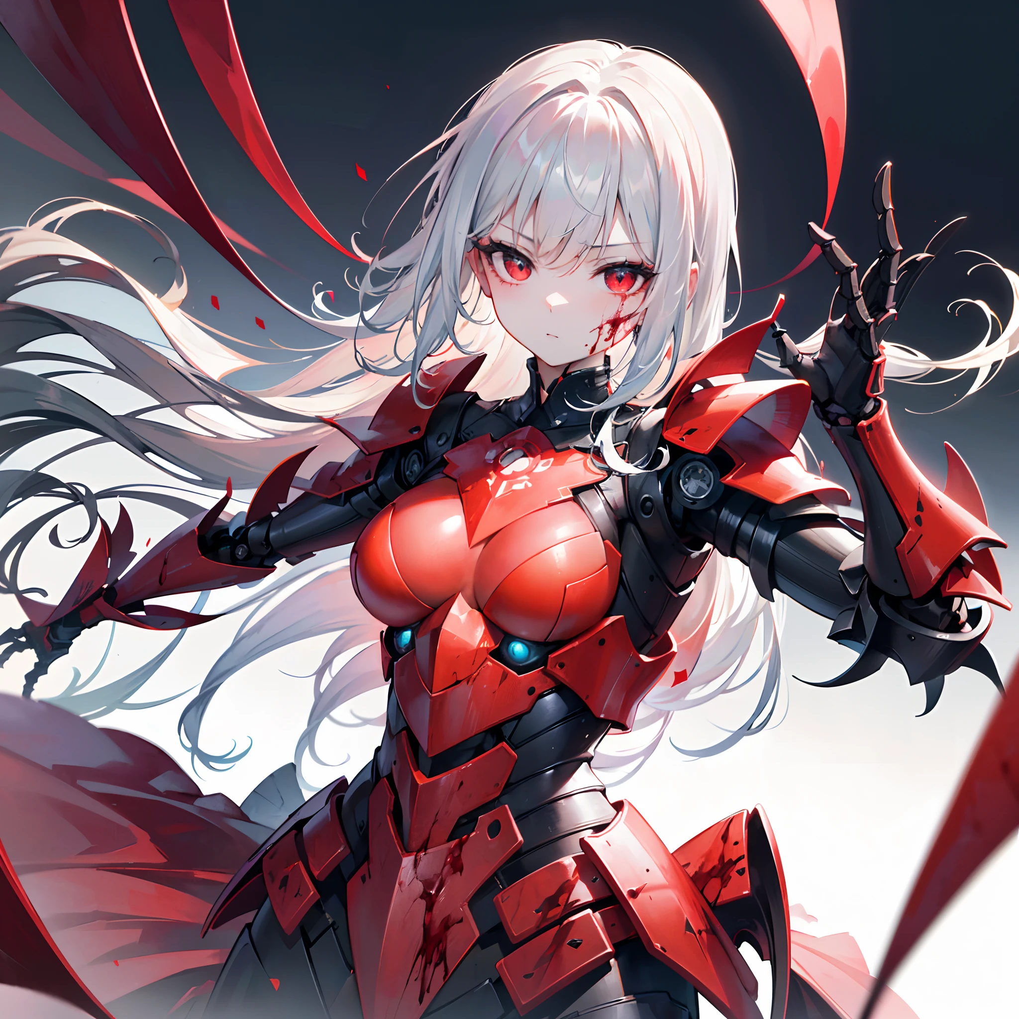1girl, best quality, highly detailed, ultra-detailed, masterpiece, 8k wallpaper,   RED eyes, bad anatomy, absurdres, white Long hair, tactical vest,  breastplate, large breasts,  <lora:A-Mecha-REN[color_theme,mecha musume, mechanical parts, robot joints,headgear,full armor]:1>