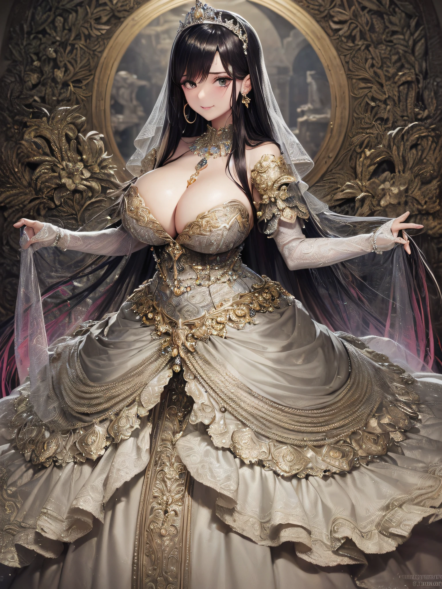 ((anime artstyle)),(Masterpiece),(Best Quality), (Super Detail),(Highly Detailed CG Unity 8k wallpaper),((Very Delicate and Beautiful)),1 lady,((full body portrait)),((standing in garden)),((solo)),(((1 princess in gorgeous embroidery and jeweled extremely gorgeous rococo princess ballgown with voluminous full length hoop skirt))),(((huge crinoline hoopskirt))),long train,((gorgeous embroidery and jeweled)),voluminous frills,See-through,(((extremely gigantic tits,skindentation))),cleavage,((absurdly Long Straight Hair,extremely voluminous Straight long Hair,absurdly Long Straight Hair)),(finely detailed face and eyes),((seductive smile,embarrassed)),clear pupil,extremely gorgeousfull hair ornament,(bling-bling jeweled extremely gorgeousfull tiara),((bling-bling gorgeous gemstone jewelry)),gorgeous long veil,((ultra long gloves)),(beautiful background),(full body),((gorgeous embroidery and jeweled extremely gorgeous rococo princess ballgown with voluminous full length hoop skirt))