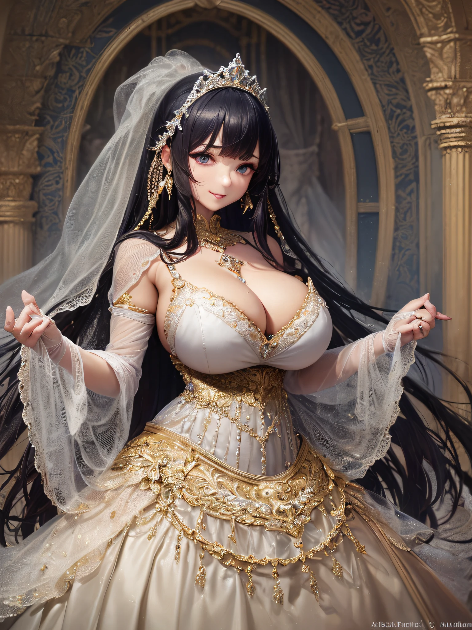((anime artstyle)),(Masterpiece),(Best Quality), (Super Detail),(Highly Detailed CG Unity 8k wallpaper),((Very Delicate and Beautiful)),1 lady,((full body portrait)),((standing in garden)),((solo)),(((1 princess in gorgeous embroidery and jeweled extremely gorgeous rococo princess ballgown with voluminous full length hoop skirt))),(((huge crinoline hoopskirt))),long train,((gorgeous embroidery and jeweled)),voluminous frills,See-through,(((extremely gigantic tits,skindentation))),cleavage,((absurdly Long Straight Hair,extremely voluminous Straight long Hair,absurdly Long Straight Hair)),(finely detailed face and eyes),((seductive smile,embarrassed)),clear pupil,extremely gorgeousfull hair ornament,(bling-bling jeweled extremely gorgeousfull tiara),((bling-bling gorgeous gemstone jewelry)),gorgeous long veil,((ultra long gloves)),(beautiful background),(full body),((gorgeous embroidery and jeweled extremely gorgeous rococo princess ballgown with voluminous full length hoop skirt))