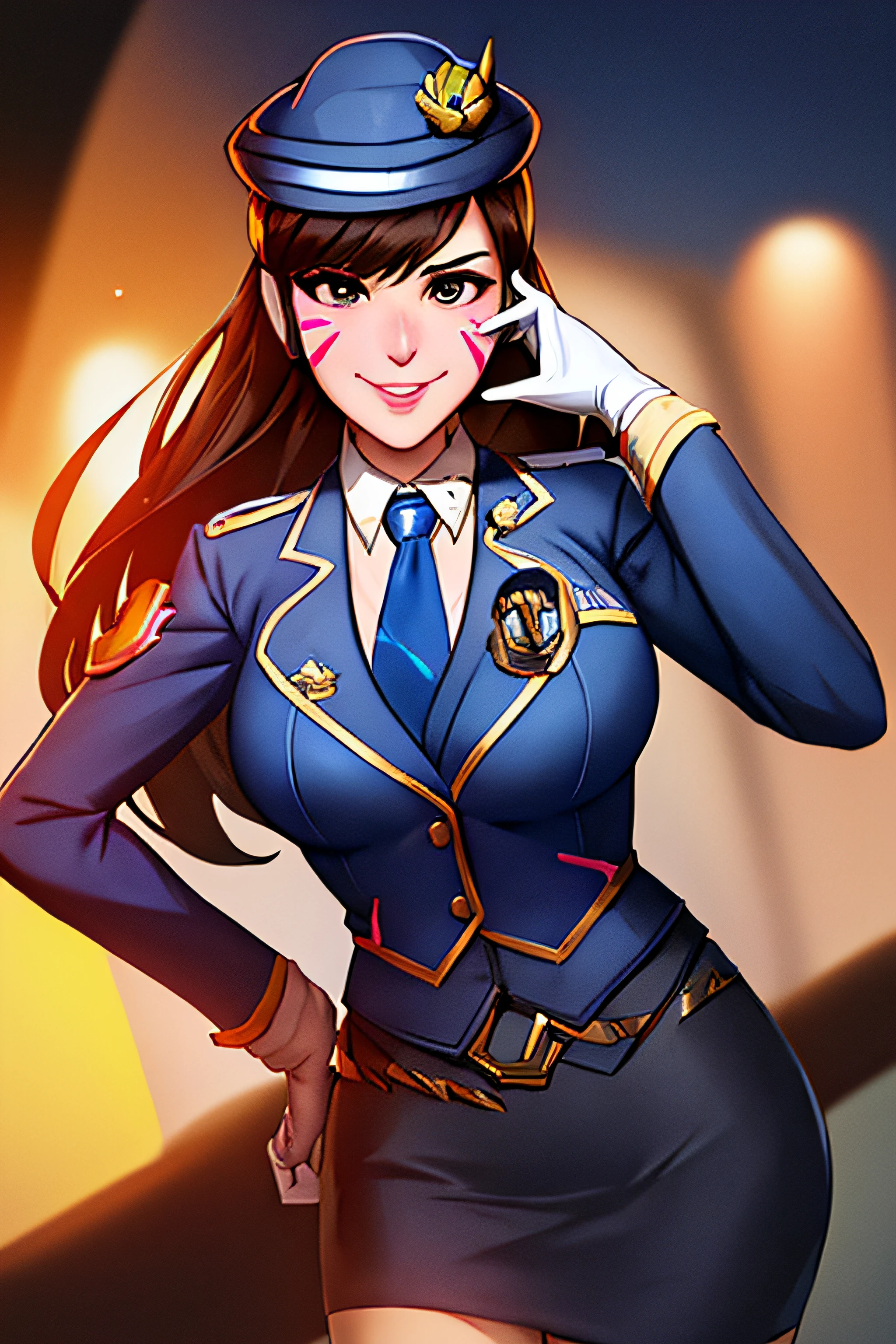 portrait, d.va, officer d.va friendly face expression, long hair, police uniform, navy skirt suit, formal police uniform, suit and tie, suit jacket, necktie, blue shirt, blazer, bodycon miniskirt, pencil skirt, belt, white gloves, police cap, pantyhose, epaulettes, friendly face expression, looking at viewer, salute, hand on hip, sunlight, best quality, sunlight,best quality