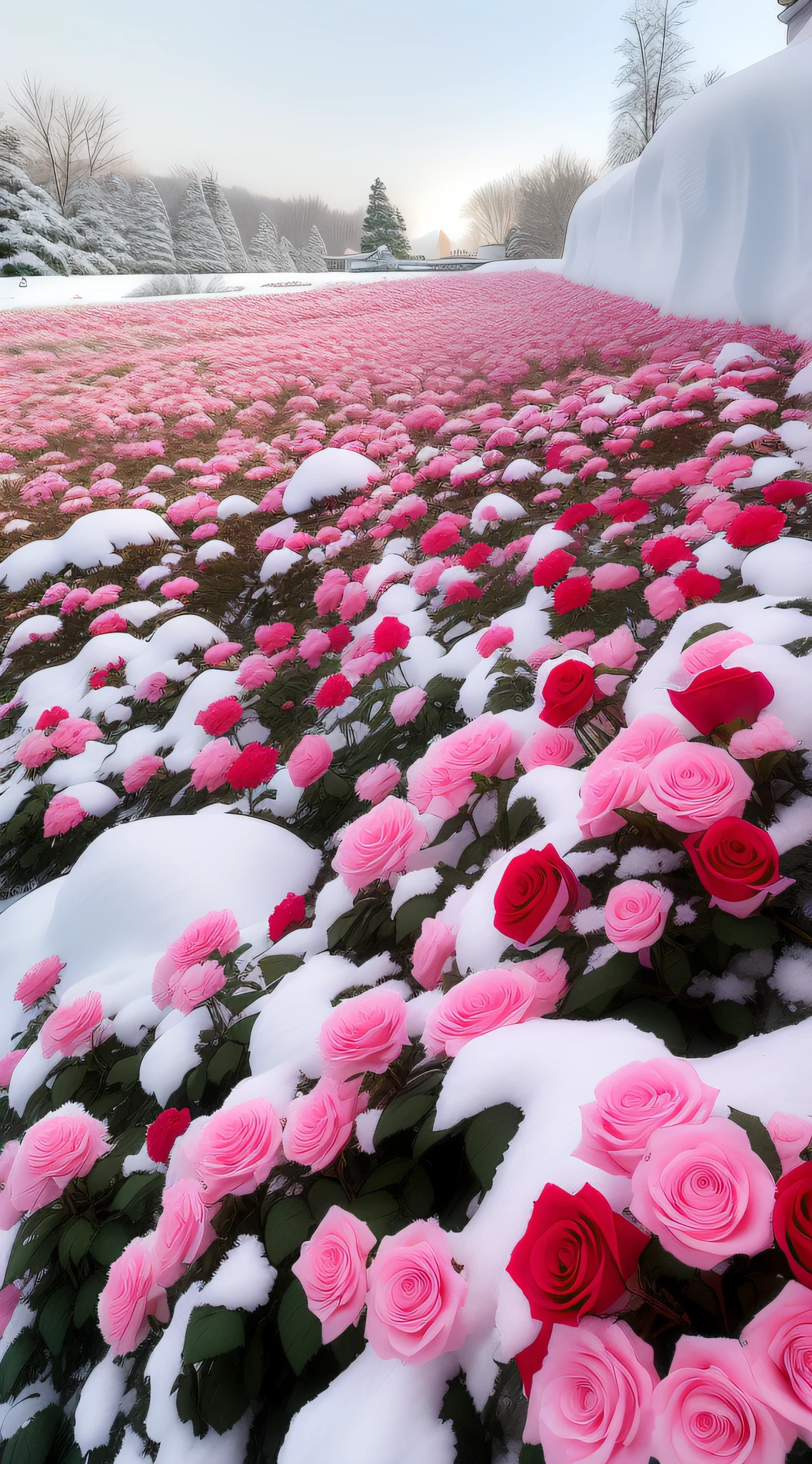 The snow is covered with pink roses of snow, with frozen flowers around her, Rose garden, with snow covered colourful red, rosette, pink and red colors, an aesthetic field of flowers, flowers rain everywhere, Beautiful nature, author：Kiichiro Ishikawa, rosses, beautiful aesthetic, Marshmallow bushes, with soft bushes, Really beautiful nature, Beautiful and aesthetic