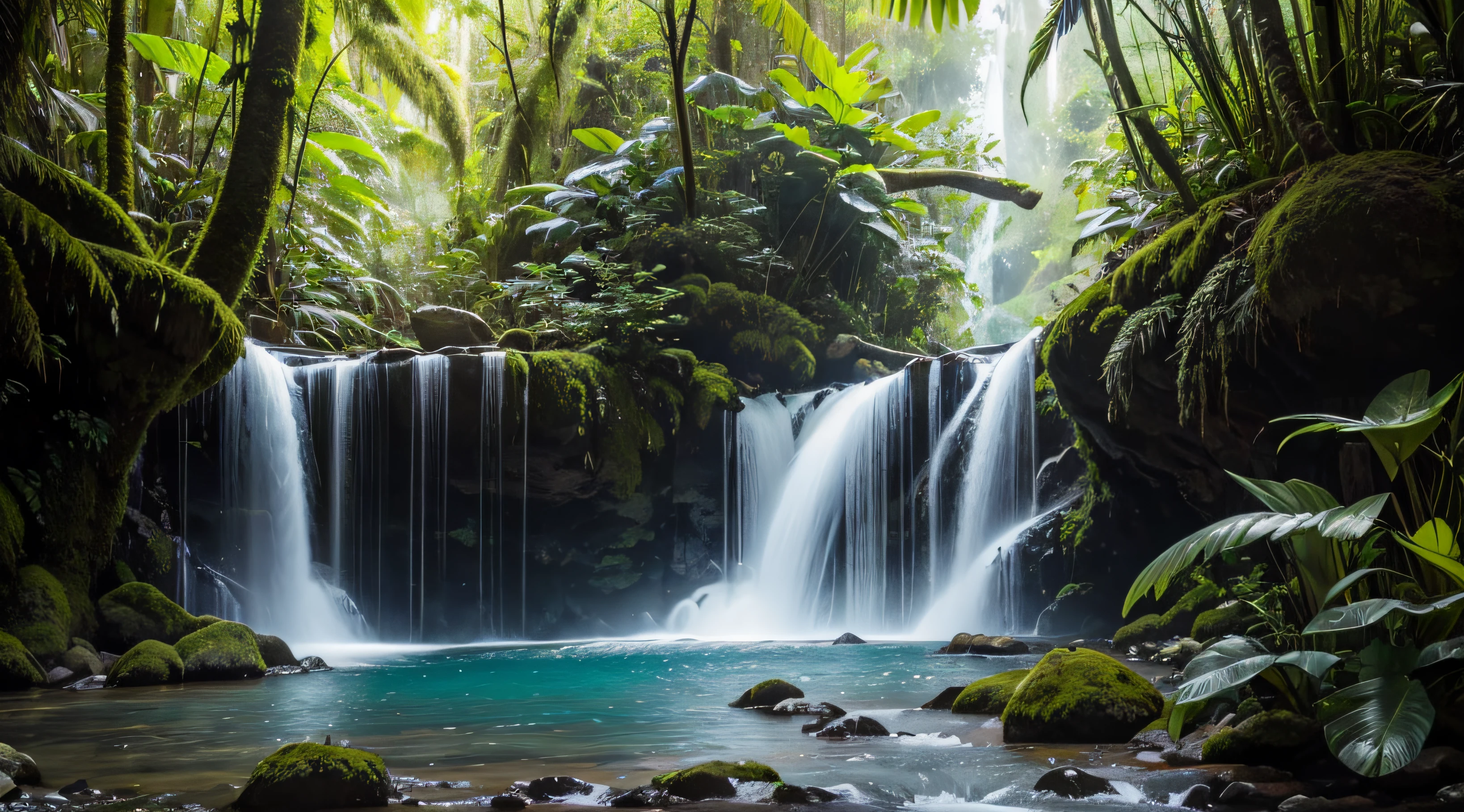 Thumbnail for YouTube depicting a waterfall of crystal clear water in the middle of a beautiful rainforest, luxuriante, Presence of moss on the stones, orchids, Ferns, image apaisante, STATION WAGON of the best quality, ombres profondes, 8k, DSLR, Kodak Ektar 100, Fujifilm XT3, F4, 1/800s, Normes ISO 100, ..RAW