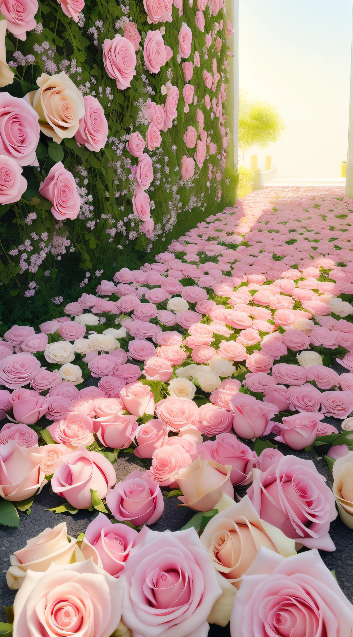 There are many pink roses on the ground, laying on roses, an aesthetic field of flowers, rosses, rosette, Flower beds on the floor, with soft pink colors, Beautiful and aesthetic, beautiful aesthetic, Beautiful flowers, Beautiful large flowers, Rose background, heaven pink, roses in cinematic light, more and more flowers, Rose garden, light pink tonalities