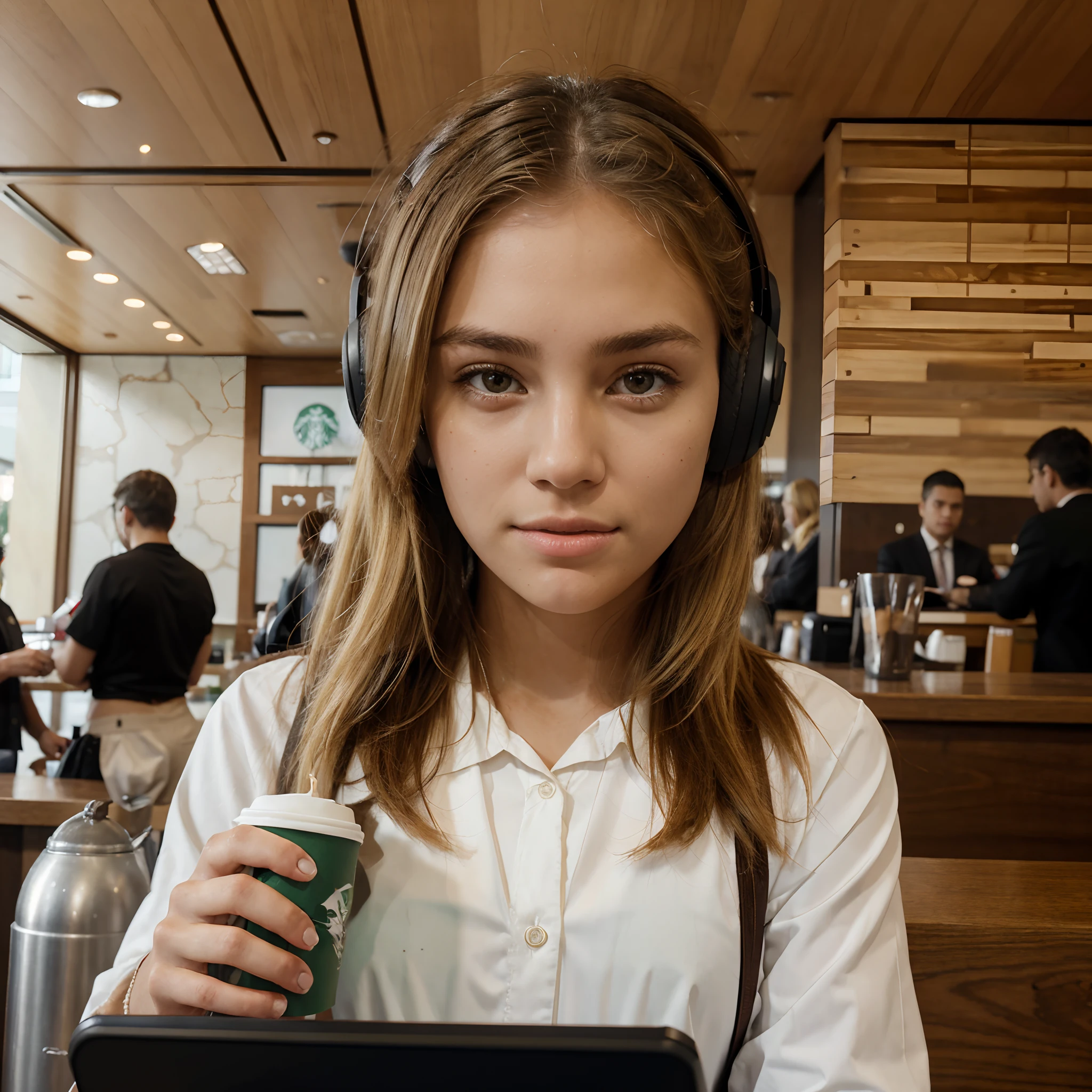 An American blond girl drinking Starbucks coffee at Starbucks coffee shop, wearing formal cloths , working on laptop,looking in the laptop, symmetrical face , follow human anatomy,wearing wireless headphones, background shop full with people buying coffee and drinking coffee, microdetail, hd ,Nikon latest hight resolution camera,high resolution