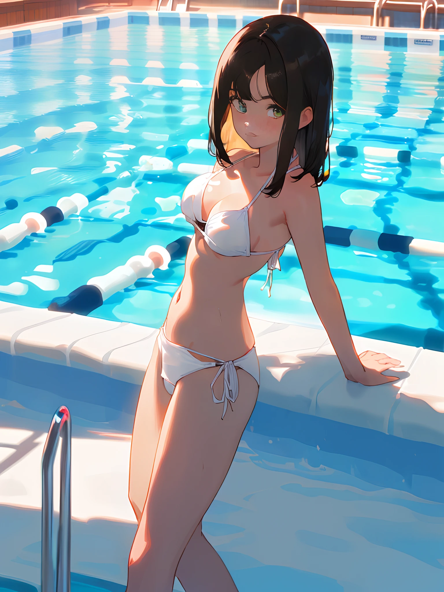 pureerosface_v1:0.24, Best Quality, Photorealistic, in 8K, hight resolution, fulcolor, 1girl in, Woman, (Skindentation), (Portrait:0.6), ((poolsidebackground:1.72)), fulcolor, ((smallsize round breast, White Bikini:1.5)), straight look at viewer:1.8, (1girl eyes looking at viewer:1.55), (L Medium length hair, A dark-haired, partedbangs:1.45), (Bokeh),huge tit