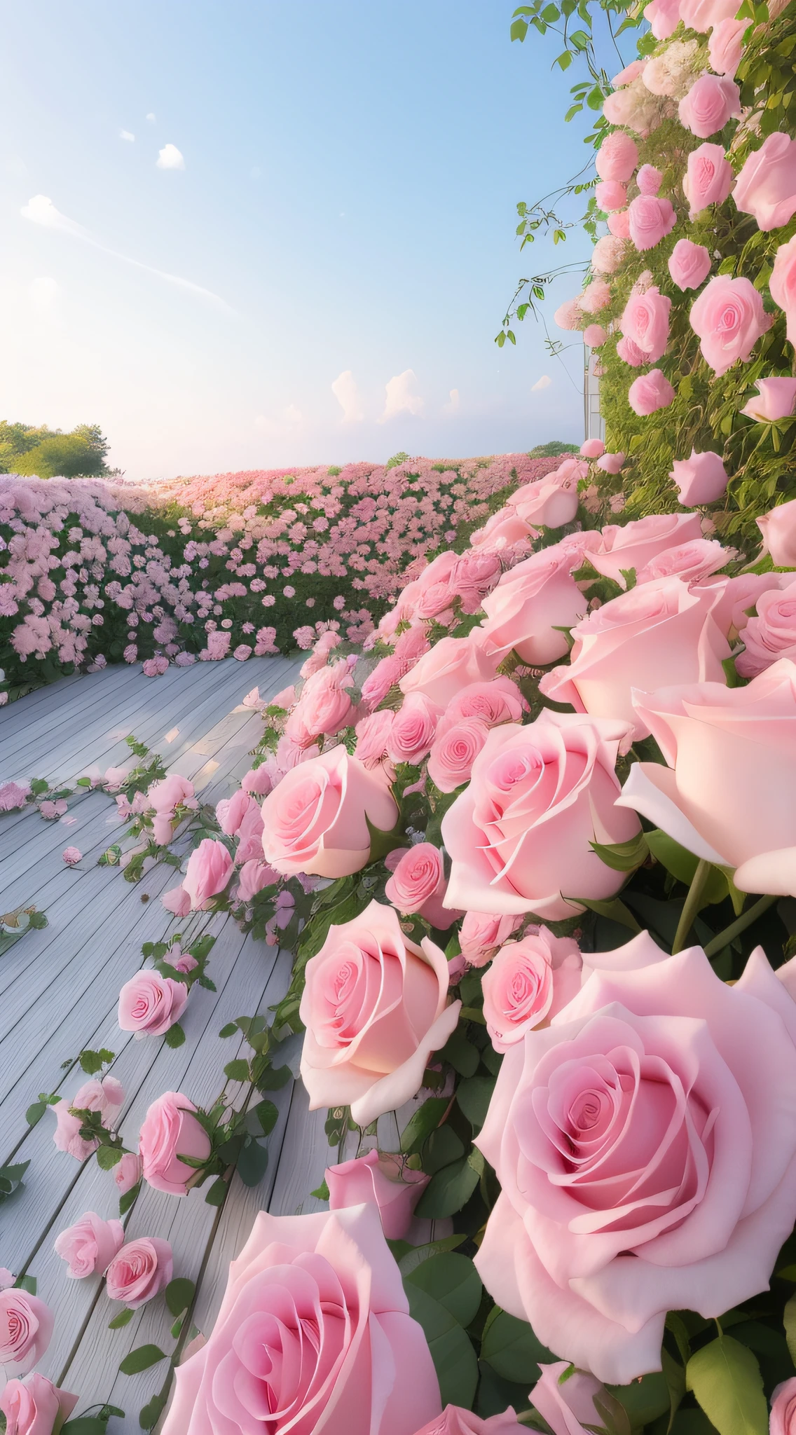 Many pink roses grow on the wooden deck, Pink flowers, Beautiful and aesthetic, an aesthetic field of flowers, with soft pink colors, beatiful background, heaven pink, light pink tonalities, shades of pink, Beautiful flowers, field of pink flowers, background is heavenly, Blooming flowers, Magical flowers, rosette, Lots of flowers