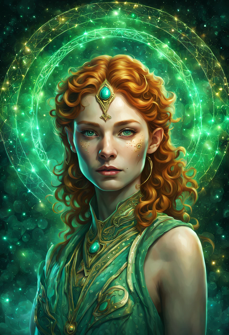 masterpiece, best quality, 1 girl, adult (elven:0.7) woman, freckles, turquoise eyes, ginger medium hair, portrait, solo, upper body, looking at viewer, detailed background, detailed face, (SilverSapphireAI theme:1.1) astral wizard, zodiac, dynamic pose, occult, aries, geometric symbolism, celestial power, bright light green lights, glow, aura, shine, metaphysics, reincarnation, floating particles, backlighting, cosmic space background, otherworldly ethereal atmosphere,