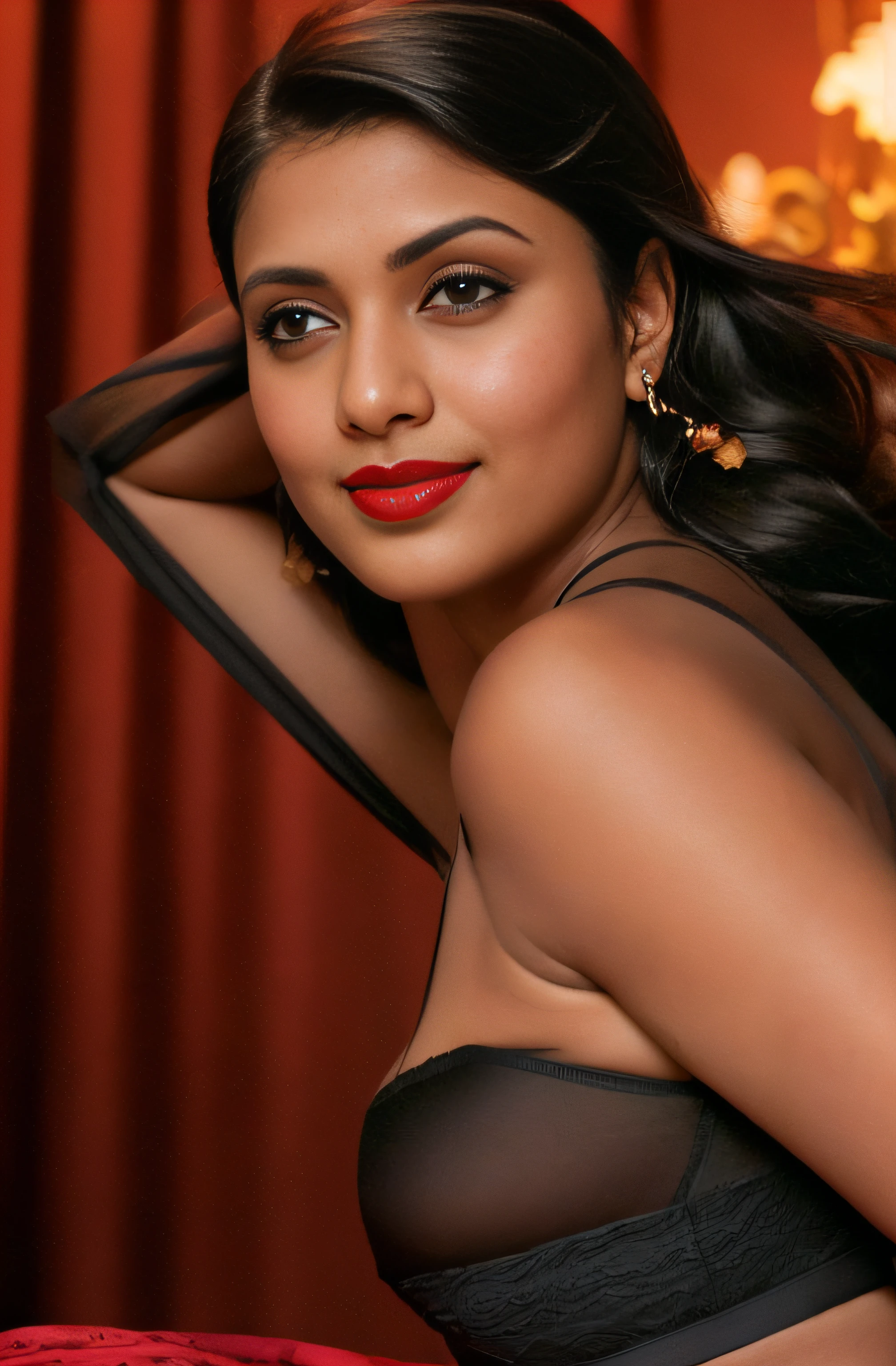 (editorial photograph of a young Indian woman with big boobs red lips)、(((black bra)))、karla ortiz, (highly detailed face:1.4) (smile:0.7) (backround 5 star hotel , moody, private study:1.3) POV, by lee jeffries, nikon d850, film stock photograph ,4 kodak portra 400 ,camera f1.6 lens ,rich colors ,hyper realistic ,lifelike texture, dramatic lighting , cinestill 800, realistic, wearing Black dobby weave self design fit & flare dress Sweetheart neck Short, puff sleeve Tie-up detail on back Above knee length in flounce hem Attached Lining Chiffon fabric, actress, karla ortiz, posing!!, candid picture, by Max Dauthendey,