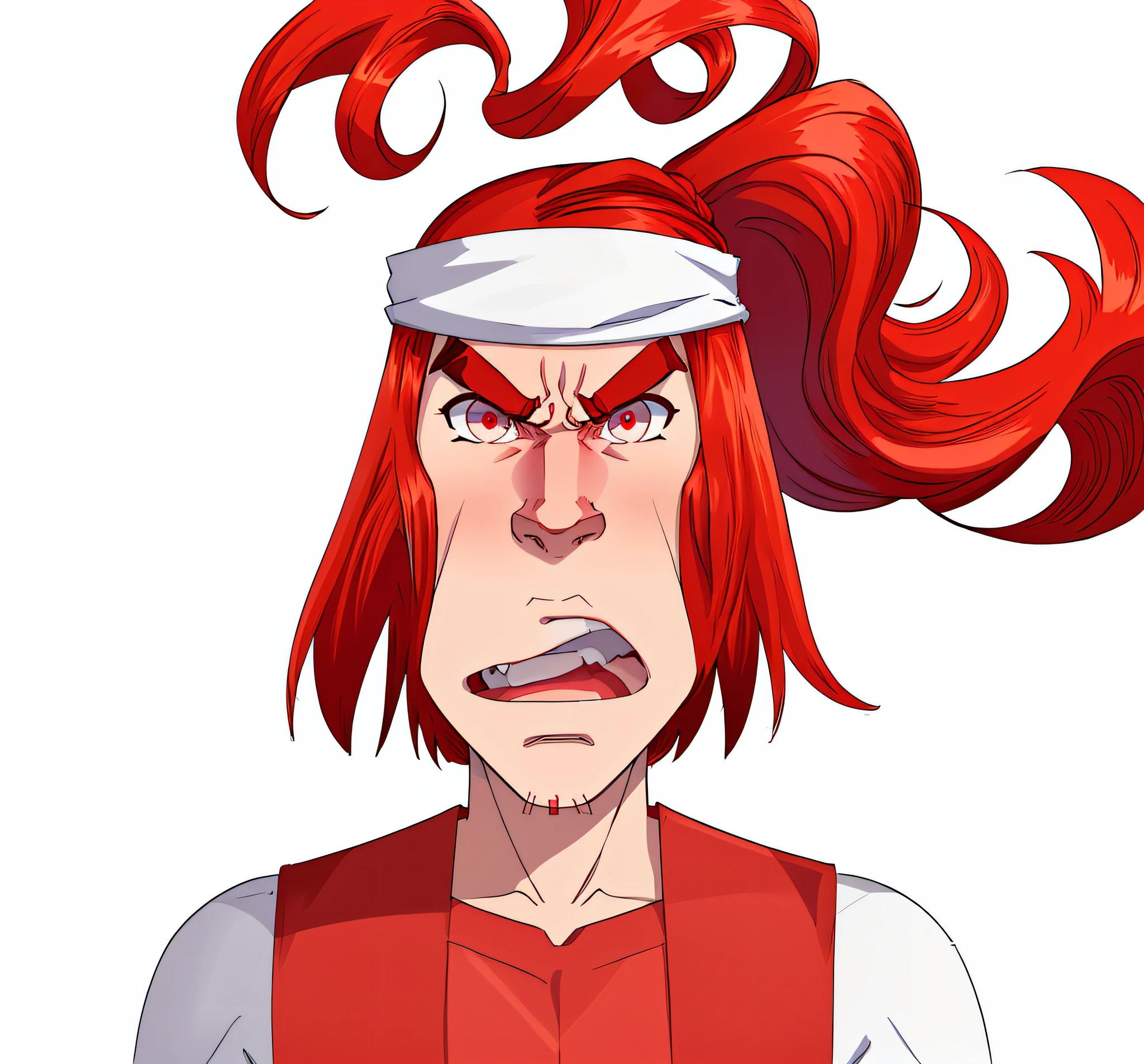 white background, anime style, one person, a man, long hair, shirt less, red vest, angry face, red head band, thick eyebrows, big jaw,