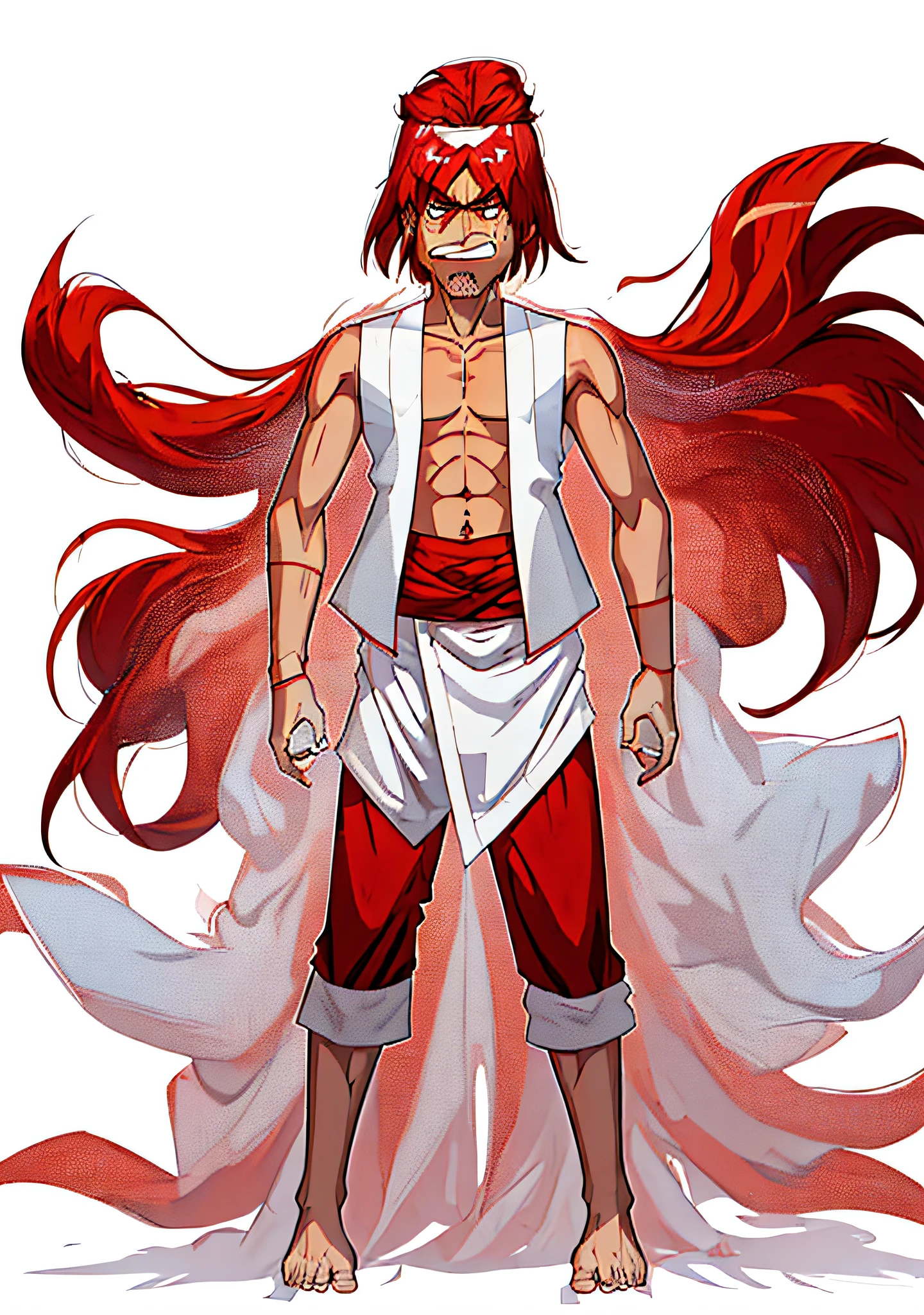 white background, anime style, one person, a man, tan skin, long hair, shirt less, red vest, red pants, white cloth on the waist, angry face, red head band, barefoot