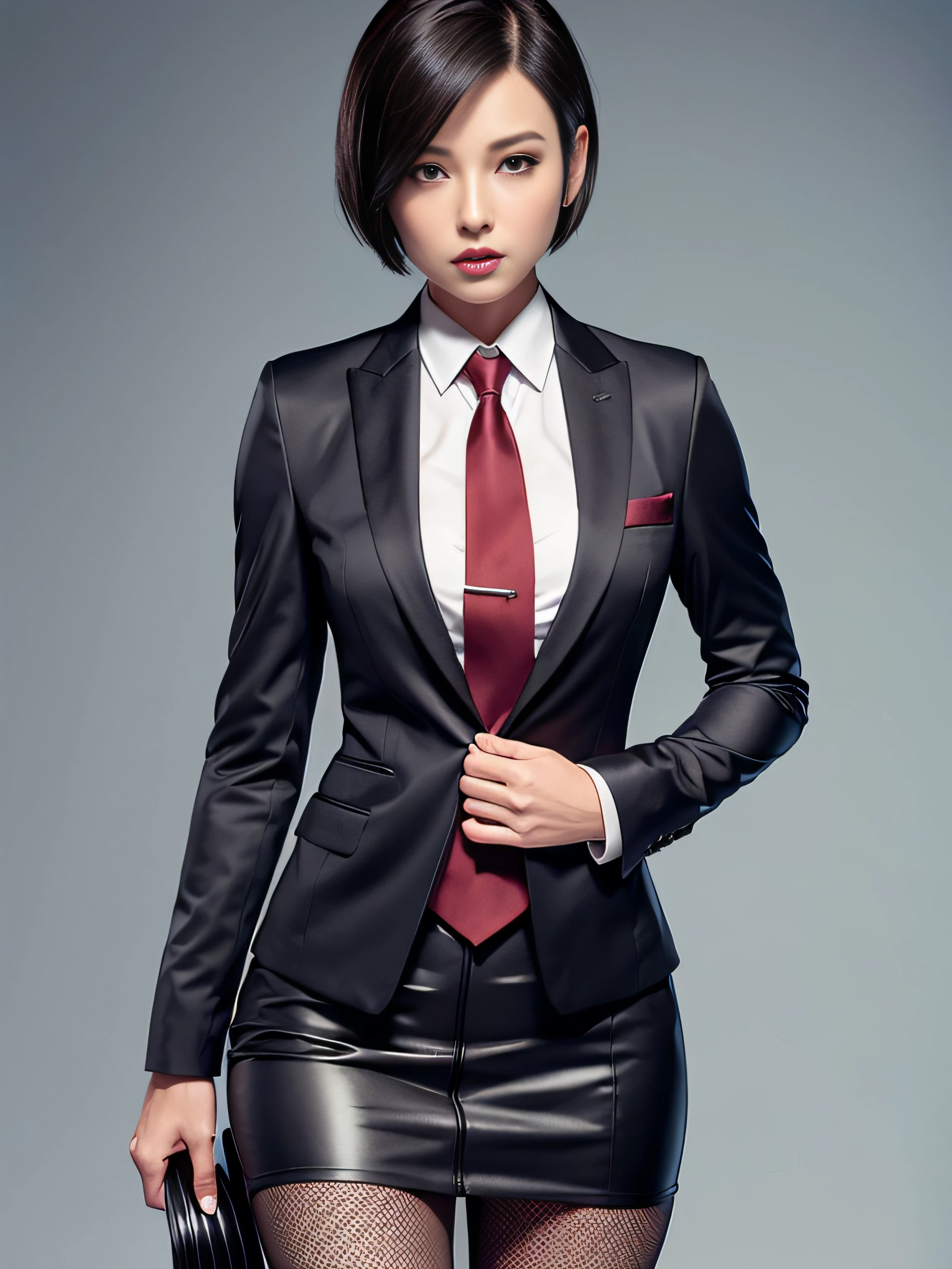 Resident Evil 4, Ada Wong, 1girl, makeup, silky hair, fully clothed, skirt suit, suit and tie, (((three-piece suit))), dress shirt, shirt and tie, necktie, ((blazer)), ((suit jacket)) ((waistcoat)), bodycon miniskirt, pantyhose, tights, stockings, red lipstick, pinstripe suit, high heels, belt, tie clip, pocket square, tailored suit