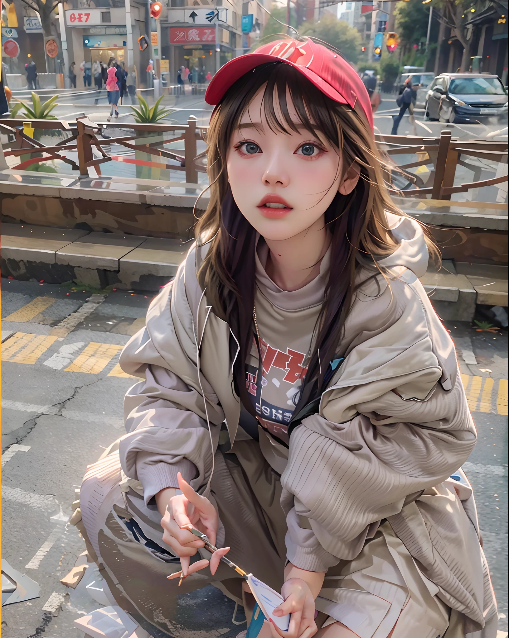 (Hyper-realistic) , (illustratio), (Increase the resolution), (8K), (RAW photos,best qualtiy),(realisticlying,photograph realistic:1.3),best qualtiy,highly detailed,tmasterpiece,Hyper-detailing,one-girl,Stylish sweatshirt, Windbreaker long skirt,Poster on the front。