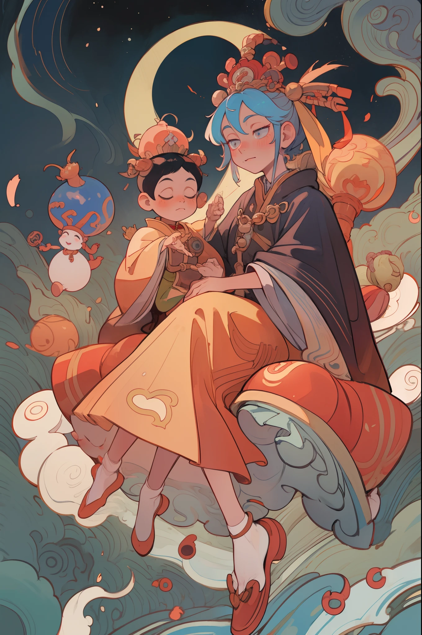 Water colour Painting of The beautiful 16-year-old chinese Queen holds (a little Emperor: 1.5) wearing shavings in her arms, Straight eyes, radiating a brilliant aura, Rosary handle: 1.5), Crown Team, (Systemic: 2.0), full body: 2.0, glowing cloak, Moon pedal foot