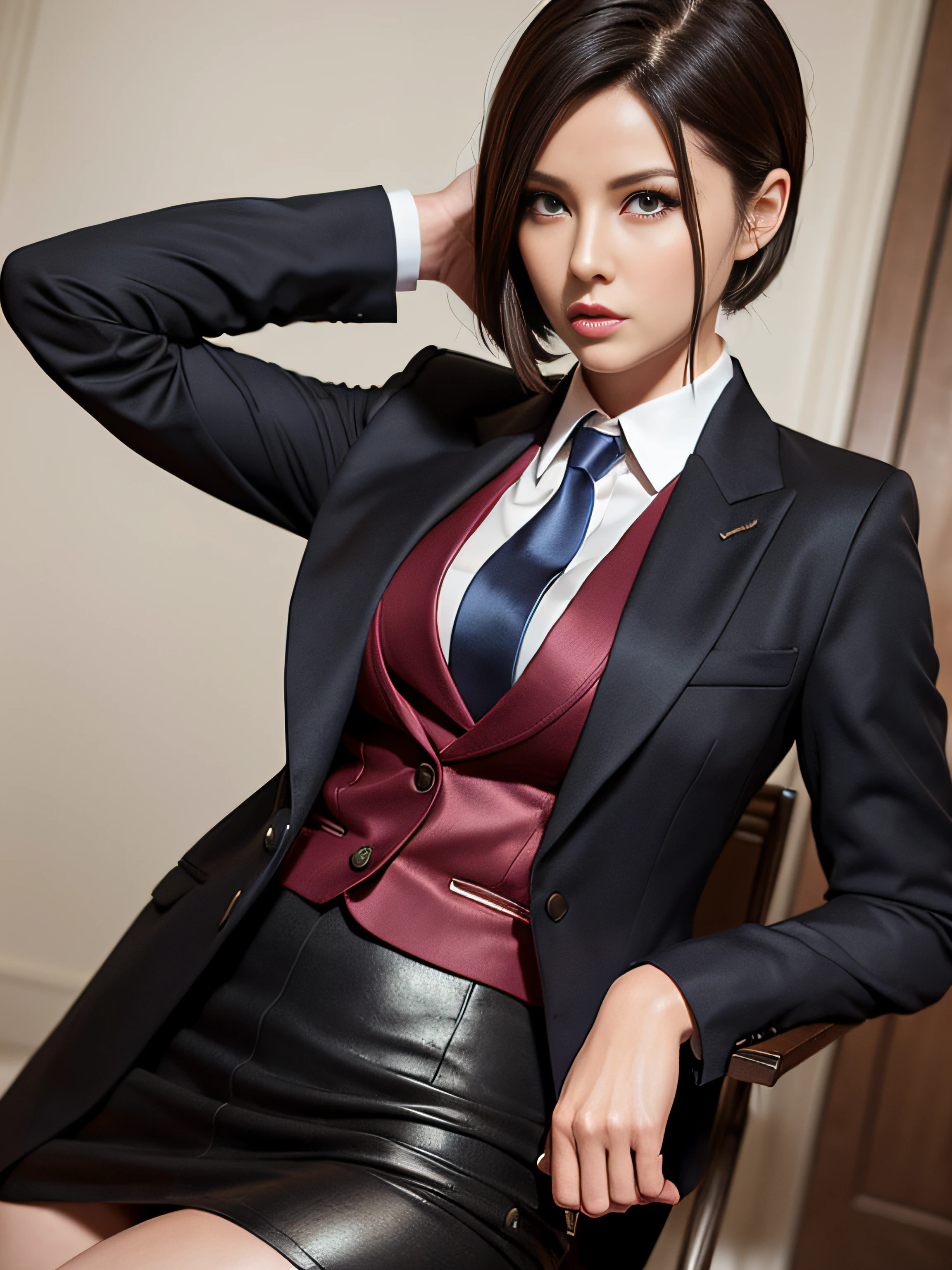 Resident Evil 4, Ada Wong, 1girl, makeup, silky hair, fully clothed, skirt suit, suit and tie, (((three-piece suit))), silk dress shirt, shirt and tie, necktie, ((blazer)), ((suit jacket)) ((waistcoat)), bodycon miniskirt, pantyhose, tights, stockings, red lipstick, pinstripe suit, high heels, belt, tie clip, pocket square, tailored suit
