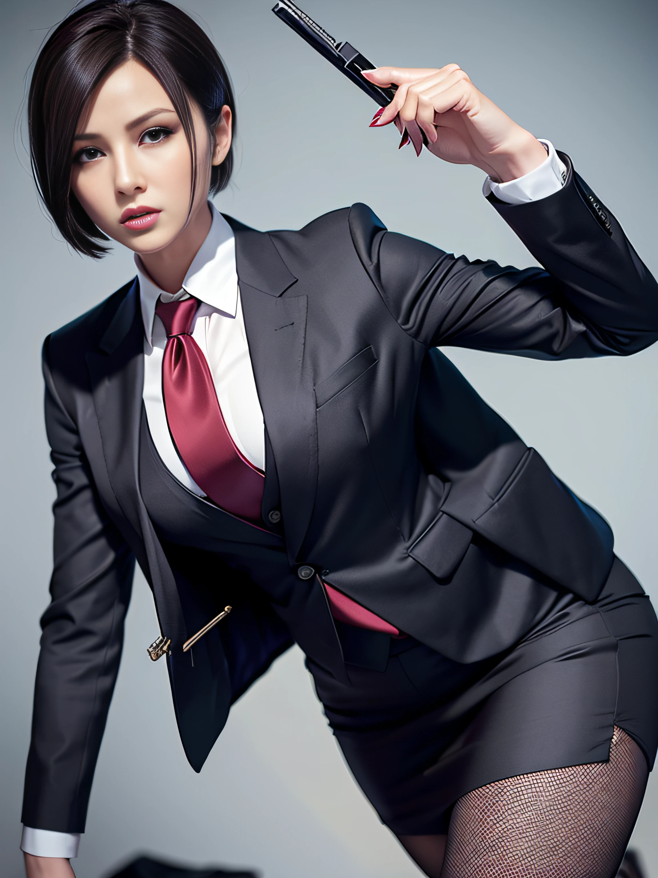 Resident Evil 4, Ada Wong, 1girl, makeup, silky hair, fully clothed, skirt suit, suit and tie, (((three-piece suit))), silk dress shirt, shirt and tie, necktie, ((blazer)), ((suit jacket)) ((waistcoat)), bodycon miniskirt, pantyhose, tights, stockings, red lipstick, pinstripe suit, high heels, belt, tie clip, pocket square, tailored suit