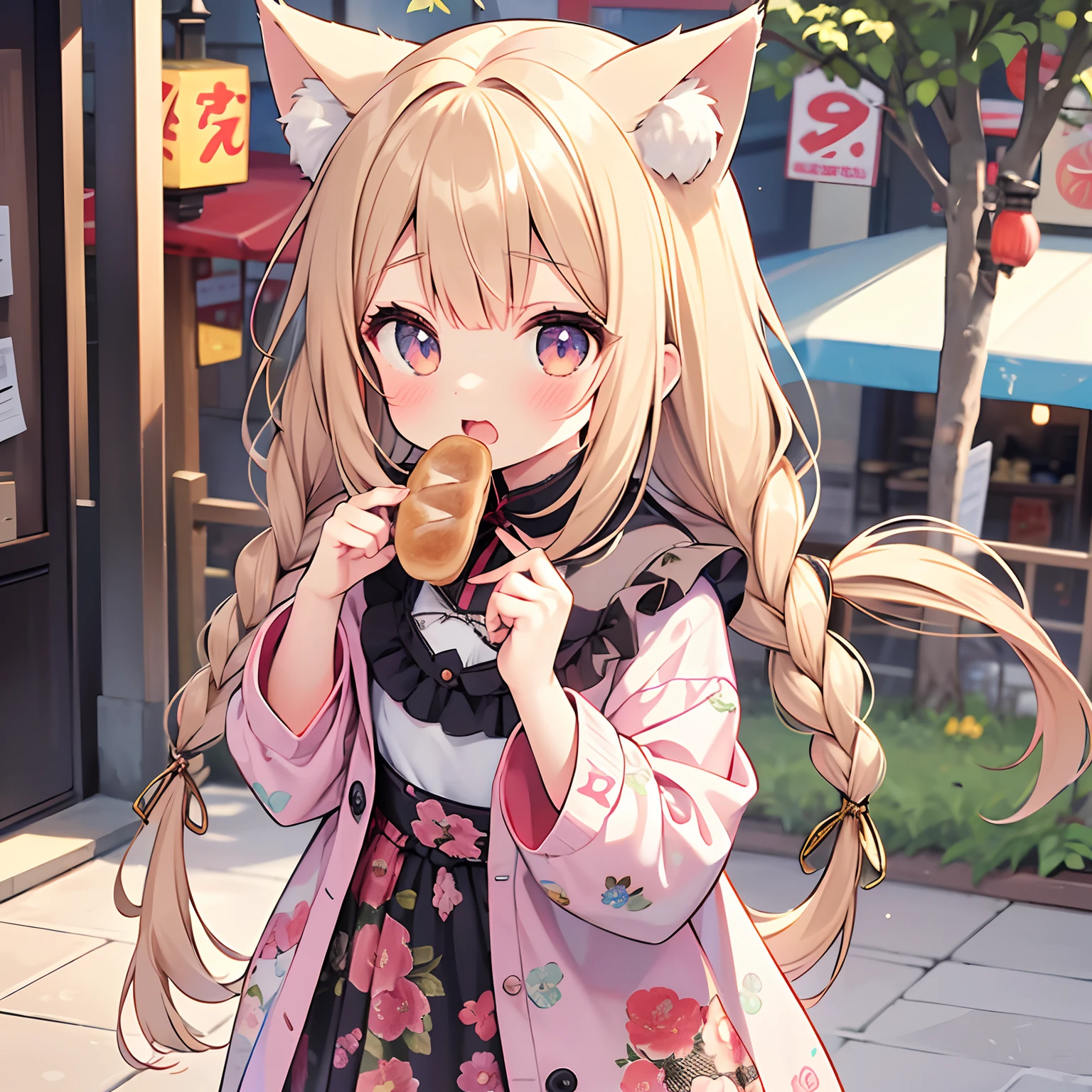 1 cute girl with cat ears and cat tail, Cinematic Angle, facing the lens,Holding the bread with both hands，I'm eating bread， Chibi, 1 girl, ***********, Detailed long hair, Curly hair, Air bangs, Twin braids, long dark blond hair, extremely detailed cute anime face, ,small flat chest， complex details beautiful and delicate eyes, Open mouth, normal hands, Smaller chest, Two legs, Light brown eyes, Harajuku fashion, Floral print cloth, Chinatown，absurderes, masutepiece, Best Quality,Highly detailed,