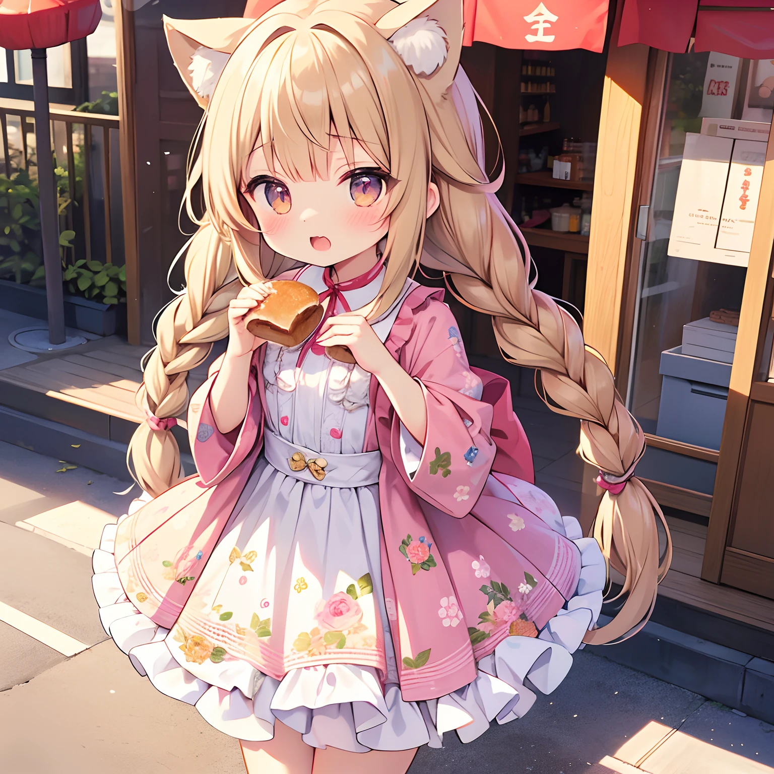 1 cute girl with cat ears and cat tail, Cinematic Angle, facing the lens,Holding the bread with both hands,I'm eating bread, Chibi, 1 girl, Little Girl, Detailed long hair, Curly hair, Air bangs, Twin braids, long dark blond hair, extremely detailed cute anime face, ,small flat chest, complex details beautiful and delicate eyes, Open mouth, normal hands, Smaller chest, Two legs, Light brown eyes, Harajuku fashion, Floral print cloth, Chinatown,absurderes, masutepiece, Best Quality,Highly detailed,