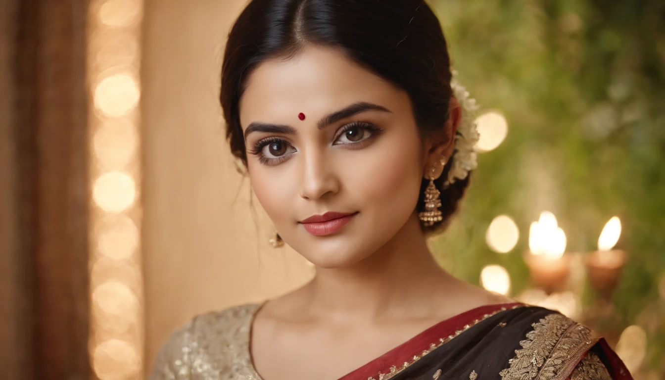 fair complexion, woman around 28 years old, natural black hair, attractive big black eyes, wearing saree, slender and graceful, beautiful, perfect woman to marry, candlelight in a Indian style, ultra sharp focus, realistic shot, tetradic colors