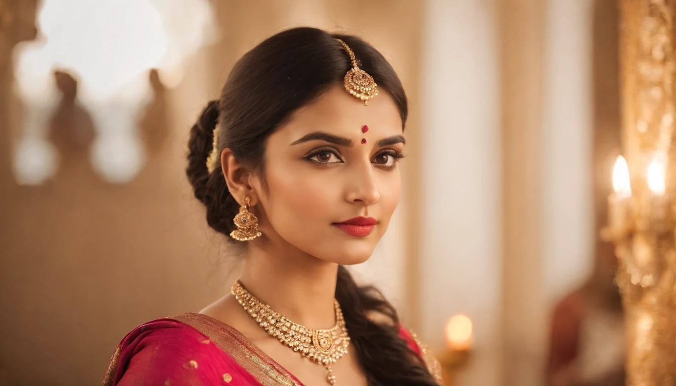 fair complexion, woman around 28 years old, natural black hair, attractive big black eyes, wearing saree, slender and graceful, beautiful, perfect woman to marry, candlelight in a Indian style, ultra sharp focus, realistic shot, tetradic colors