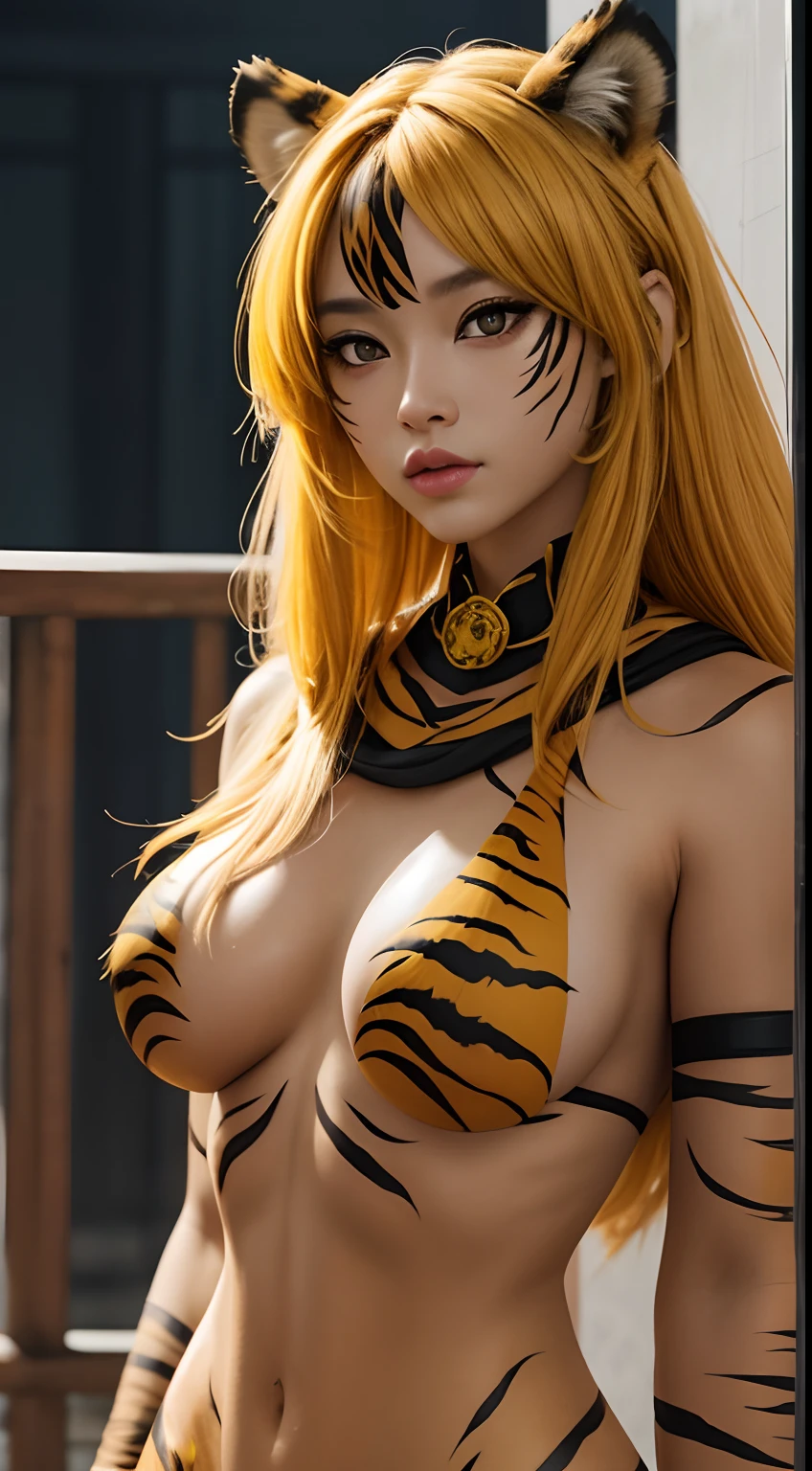 She is a tiger beastman so she doesn't wear any clothes.、Her skin is yellow and very beautiful、Yellow eyes、Tiger print hair、The whole body is painted with a tiger pattern.、