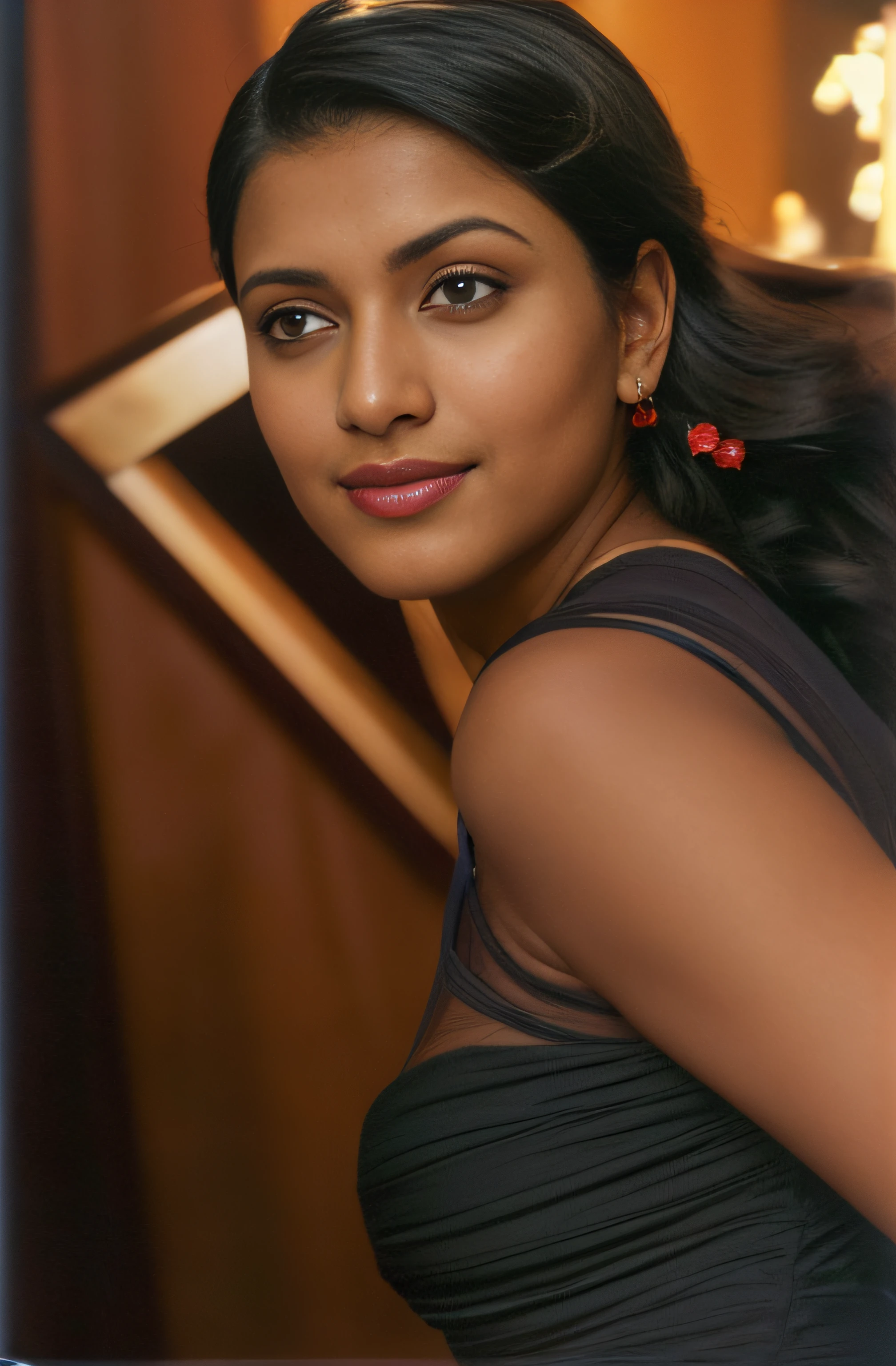 (editorial photograph of a young Indian woman),(((big breast)))、karla ortiz, (highly detailed face:1.4) (smile:0.7) (backround 5 star hotel , moody, private study:1.3) POV, by lee jeffries, nikon d850, film stock photograph ,4 kodak portra 400 ,camera f1.6 lens ,rich colors ,hyper realistic ,lifelike texture, dramatic lighting , cinestill 800, realistic, wearing Black dobby weave self design fit & flare dress Sweetheart neck Short, puff sleeve Tie-up detail on back Above knee length in flounce hem Attached Lining Chiffon fabric, actress, karla ortiz, posing!!, candid picture, by Max Dauthendey,