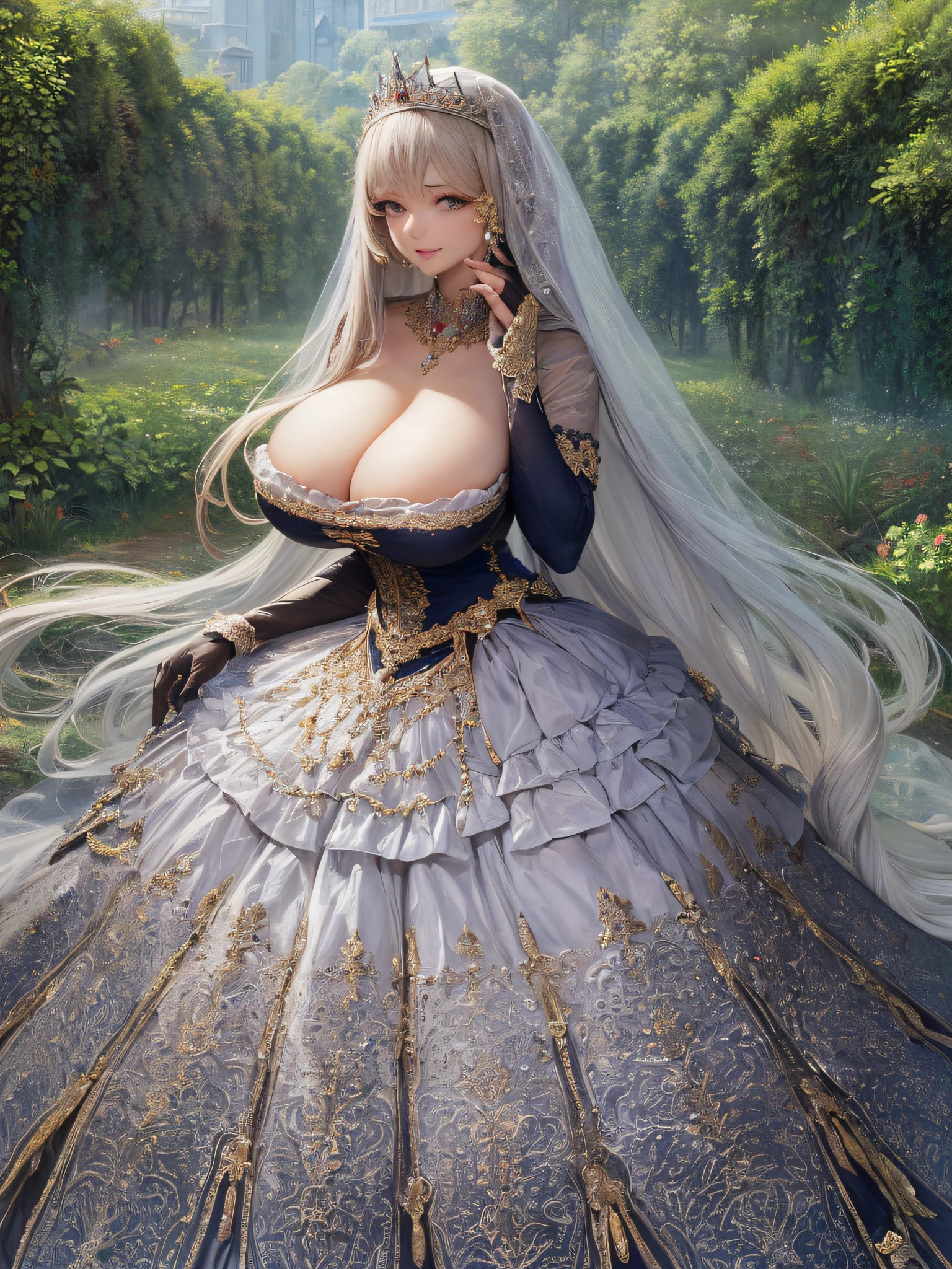 ((anime artstyle)),(Masterpiece),(Best Quality), (Super Detail),(Highly Detailed CG Unity 8k wallpaper),((Very Delicate and Beautiful)),1 lady,((full body portrait)),((standing in garden)),((solo)),(((1 princess in gorgeous embroidery and jeweled extremely gorgeous rococo princess ballgown with voluminous full length hoop skirt))),(((huge crinoline hoopskirt))),long train,((gorgeous embroidery and jeweled)),voluminous frills,See-through,(((extremely gigantic tits,skindentation))),cleavage,((absurdly Long Straight Hair,extremely voluminous Straight long Hair,absurdly Long Straight Hair)),(finely detailed face and eyes),((seductive smile,embarrassed)),clear pupil,extremely gorgeousfull hair ornament,(bling-bling jeweled extremely gorgeousfull tiara),((bling-bling gorgeous gemstone jewelry)),gorgeous long veil,((ultra long gloves)),(beautiful background),(full body),((gorgeous embroidery and jeweled extremely gorgeous rococo princess ballgown with voluminous full length hoop skirt))