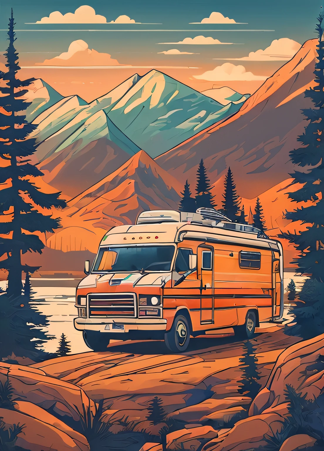 RV camping,Pop art,Albert Bierstadt,Great outdoor activities,Close-up shot,prime time,