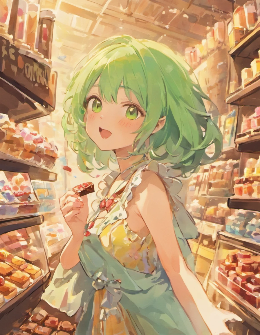 Little girl、Green hair color、Laughing、Holding chocolate in hand、World of Sweets、Chocolate、a cake、iced、macaroons、Randomly placed、Pastel color design、High Tone