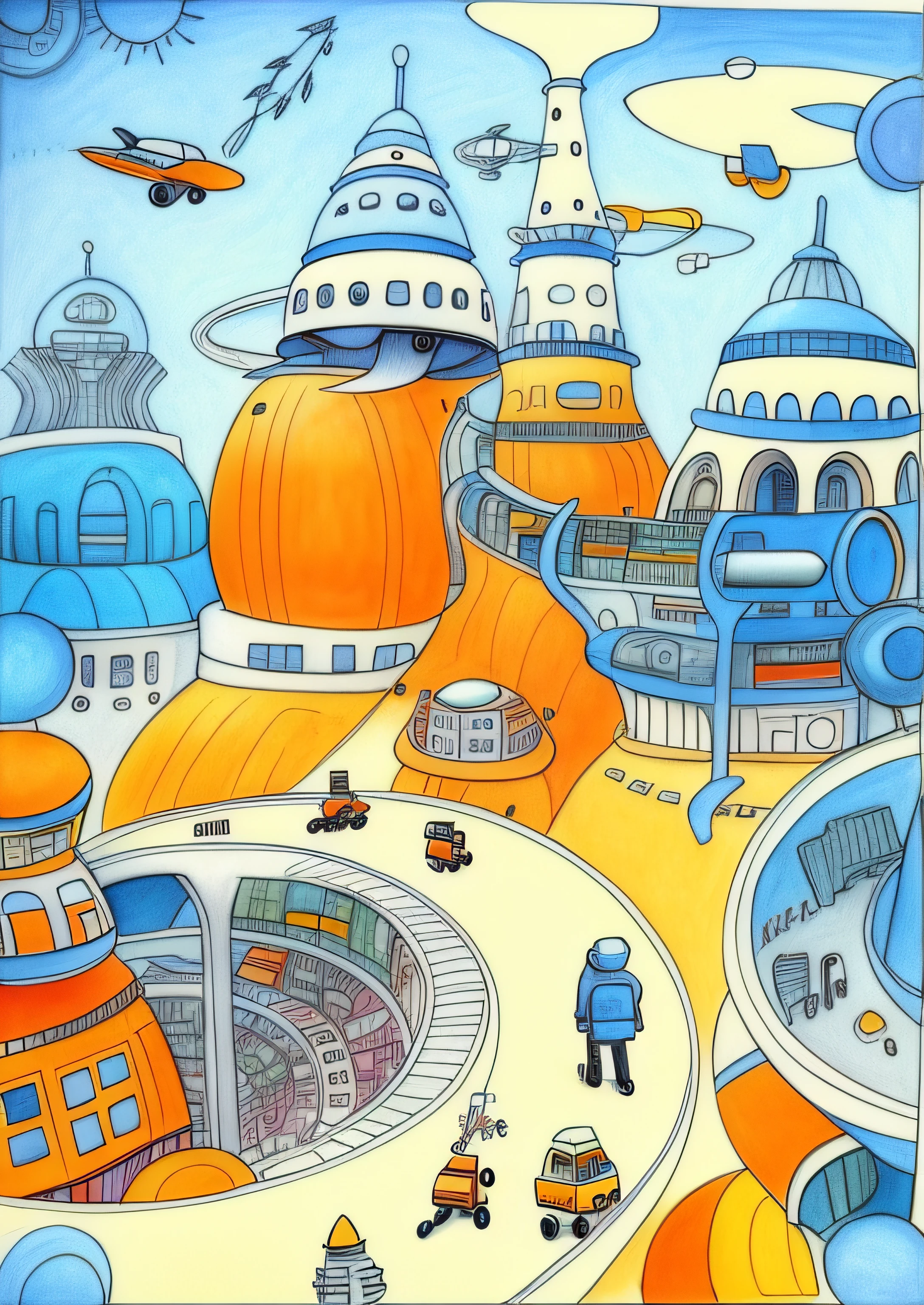 there is a drawing of a city with cars and buildings, inspired by Saul Steinberg, coloured in blueberra and orange, an alien cityscape, planetary city, inspired by Mattias Adolfsson, city of the future, inspired by Oskar Schlemmer, inspired by Grayson Perry, inspired by Jodorowsky, mushroom city, cyber mushroom city, alien cityscape