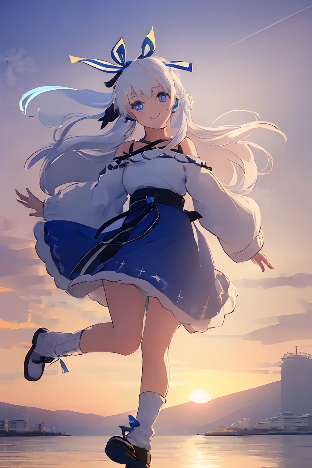 ((((1 girl)))), ((((solo)))), fullbody, ((((white hair)))), long hair, ((((blue hairribbon)))), ((((blue eyes)))), happy, smile, 18 year old, dynamic angle, Cold-Shoulder Sleeves, (((knit))),  Hip Length, sleeves_past_wrists, sunset, cafe, in the tokyo, autumn