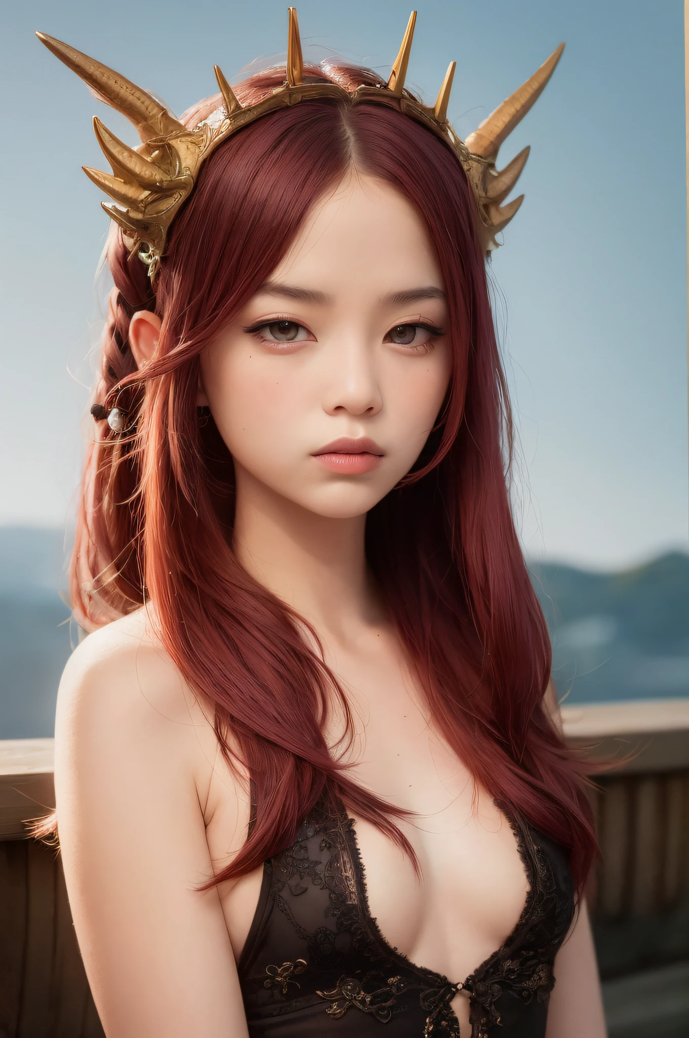young Dragon-Girl, deep red hair, big hair, portrait, serious face, small breast, one yellow eye, Queen of Dragons, Dynasty of fire