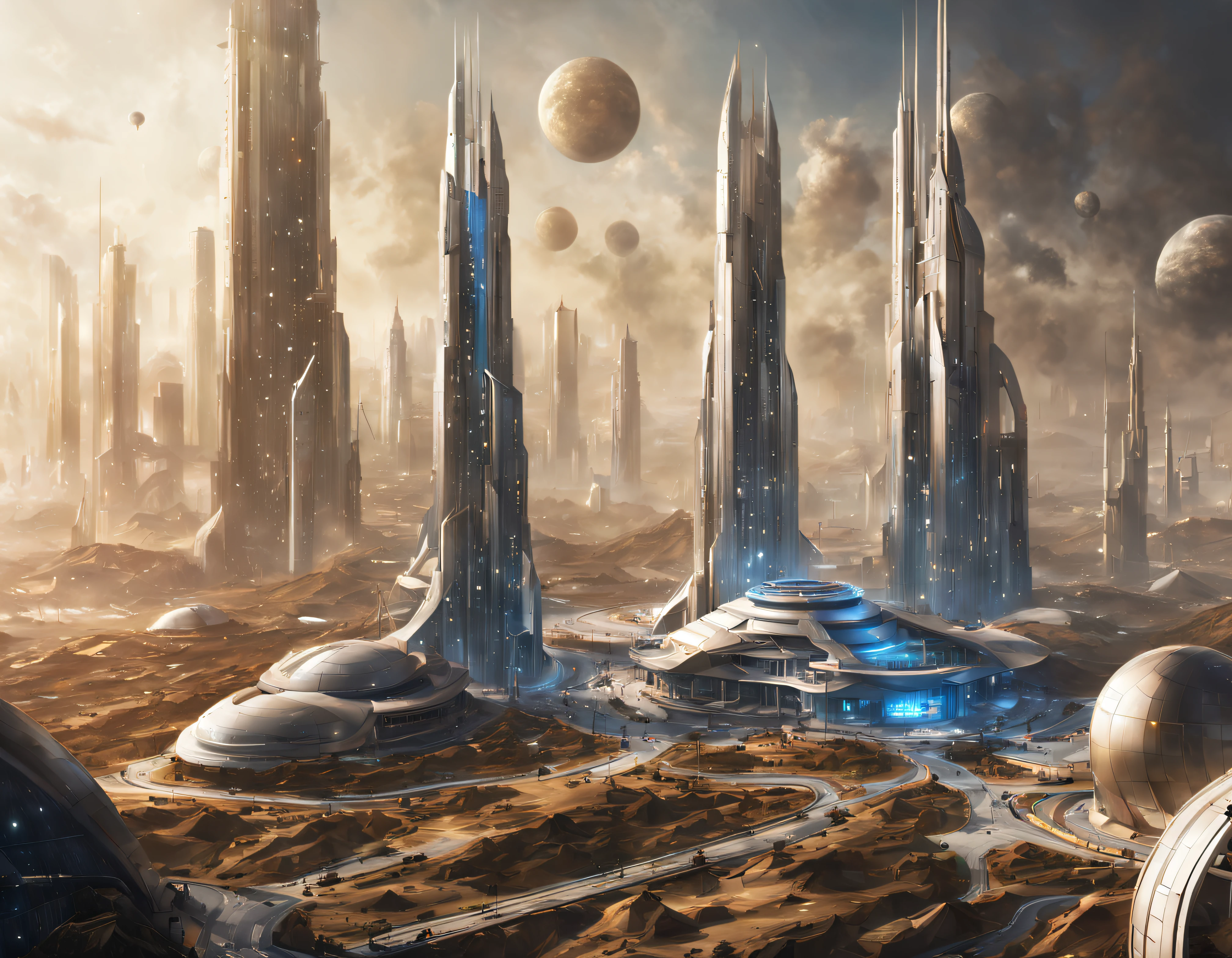 On an unknown planet there is a futuristic city with immense buildings of technological design que forman una infinita avenida, con estructuras acristaladas en plata, oro y bronce espectaculares. con colores vivos. pavimento ensolado. gente paseando. similar a coruscant. imagen bien definida con muchos edificios juntos.