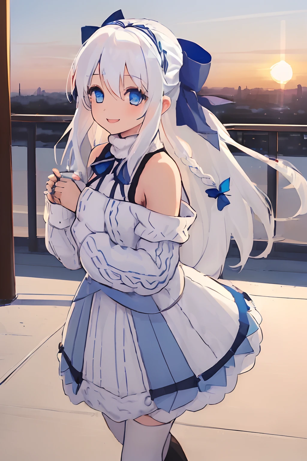 ((((1 girl)))), ((((solo)))), fullbody, ((((white hair)))), long hair, ((((blue hairribbon)))), ((((blue eyes)))), happy, smile, 18 year old, dynamic angle, Cold-Shoulder Sleeves, (((knit))),  Hip Length, sleeves_past_wrists, sunset, cafe, in the tokyo, autumn