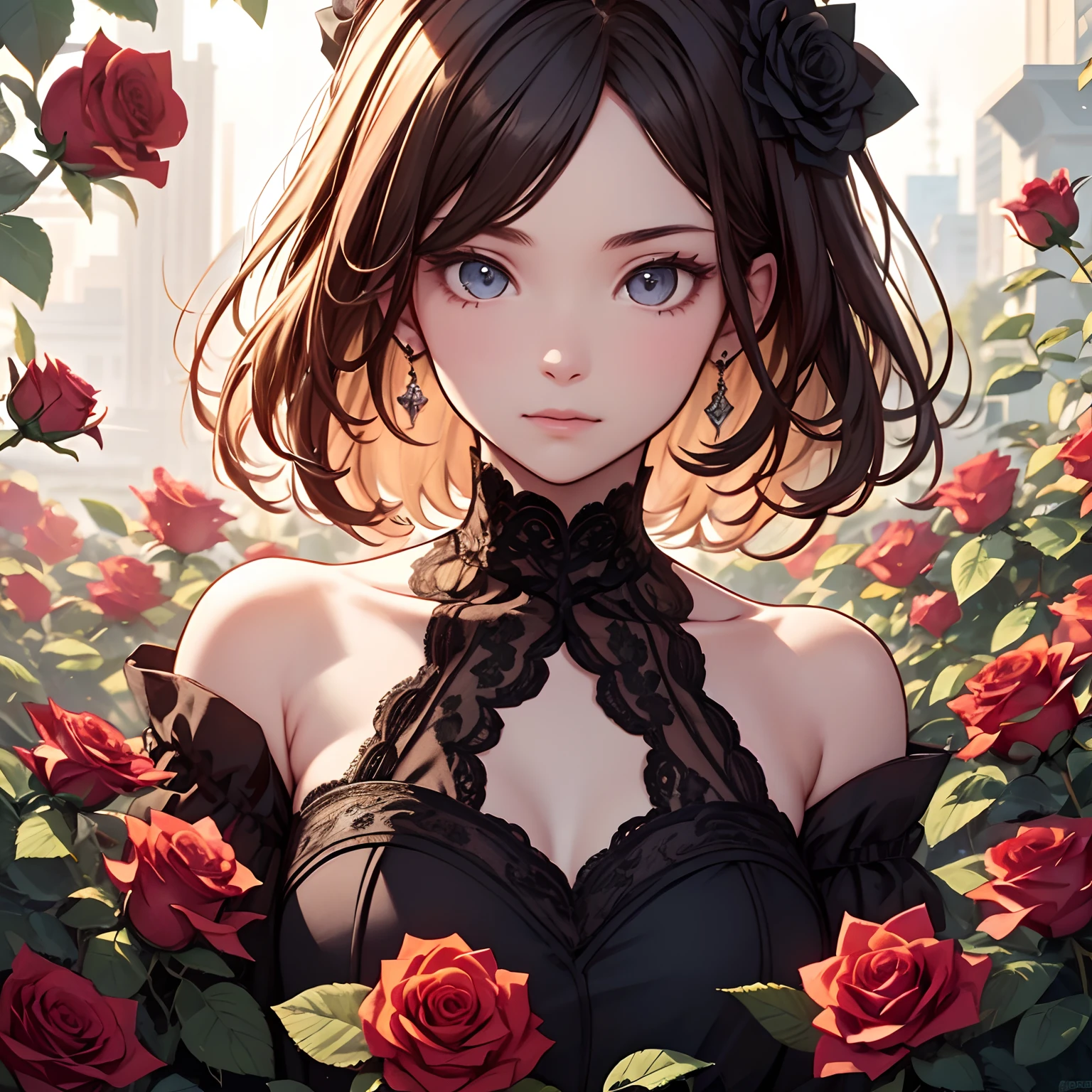 A masterpiece, high resolution, a girl with a beautiful face in the center of a large rose, many roses around it, delicate and precise writing