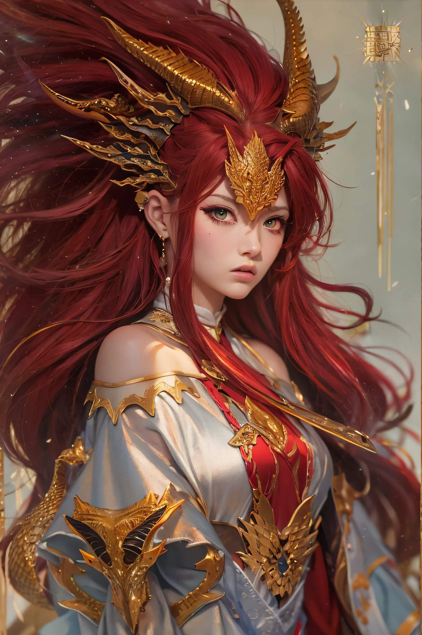 young Dragon-Girl, deep red hair, big hair, portrait, serious face, small breast, one yellow eye, Queen of Dragons, Dynasty of fire