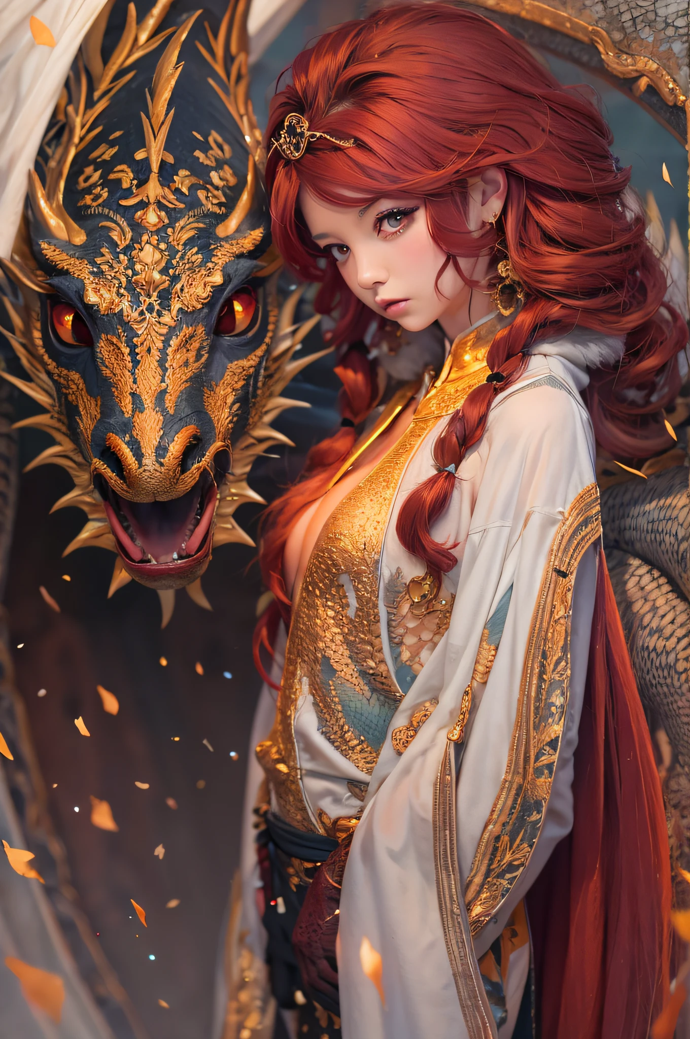 young Dragon-Girl, deep red hair, big hair, portrait, serious face, small breast, one yellow eye, Queen of Dragons, Dynasty of fire
