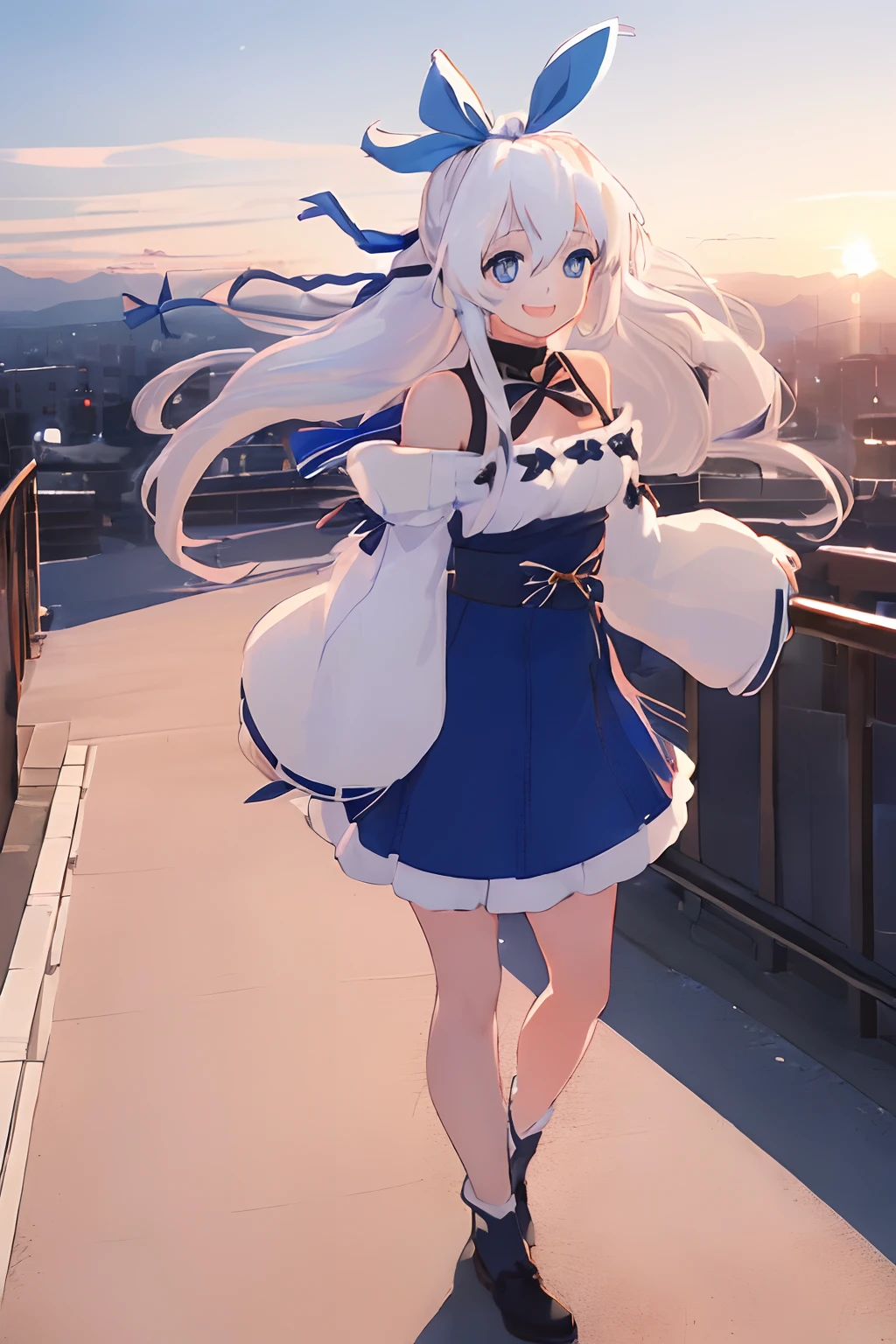 ((((1 girl)))), ((((solo)))), fullbody, ((((white hair)))), long hair, ((((blue hairribbon)))), ((((blue eyes)))), happy, smile, 18 year old, dynamic angle, Cold-Shoulder Sleeves, (((knit))), Hip Length, sleeves_past_wrists, sunset, cafe, in the tokyo, autumn