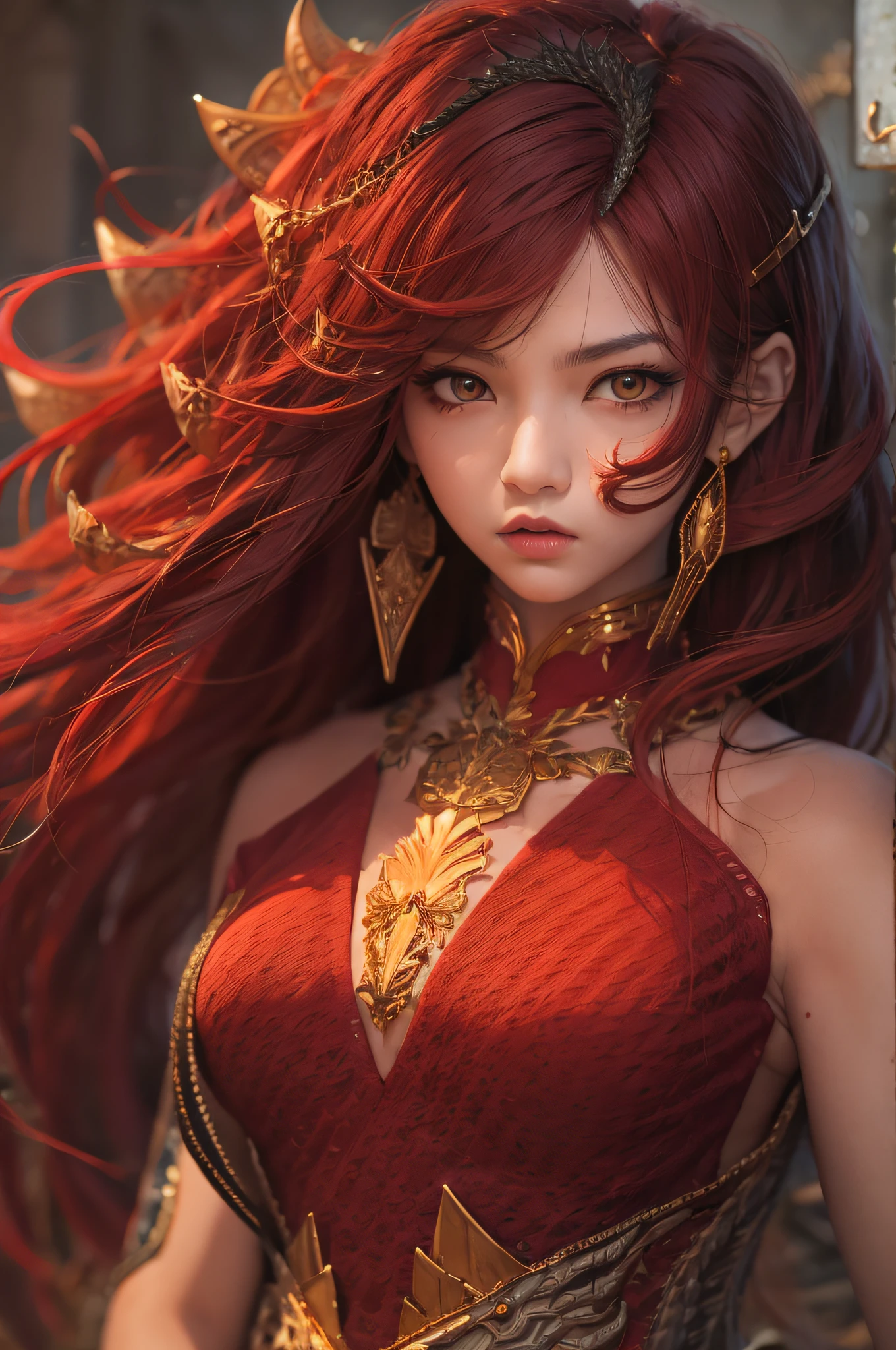 young Dragon-Girl, deep red hair, big hair, portrait, serious face, small breast, one yellow eye, Queen of Dragons, Dynasty of fire