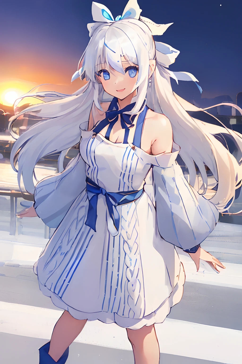 ((((1 girl)))), ((((solo)))), fullbody, ((((white hair)))), long hair, ((((blue hairribbon)))), ((((blue eyes)))), happy, smile, 18 year old, dynamic angle, Cold-Shoulder Sleeves, (((knit))), Hip Length, sleeves_past_wrists, sunset, cafe, in the tokyo, autumn