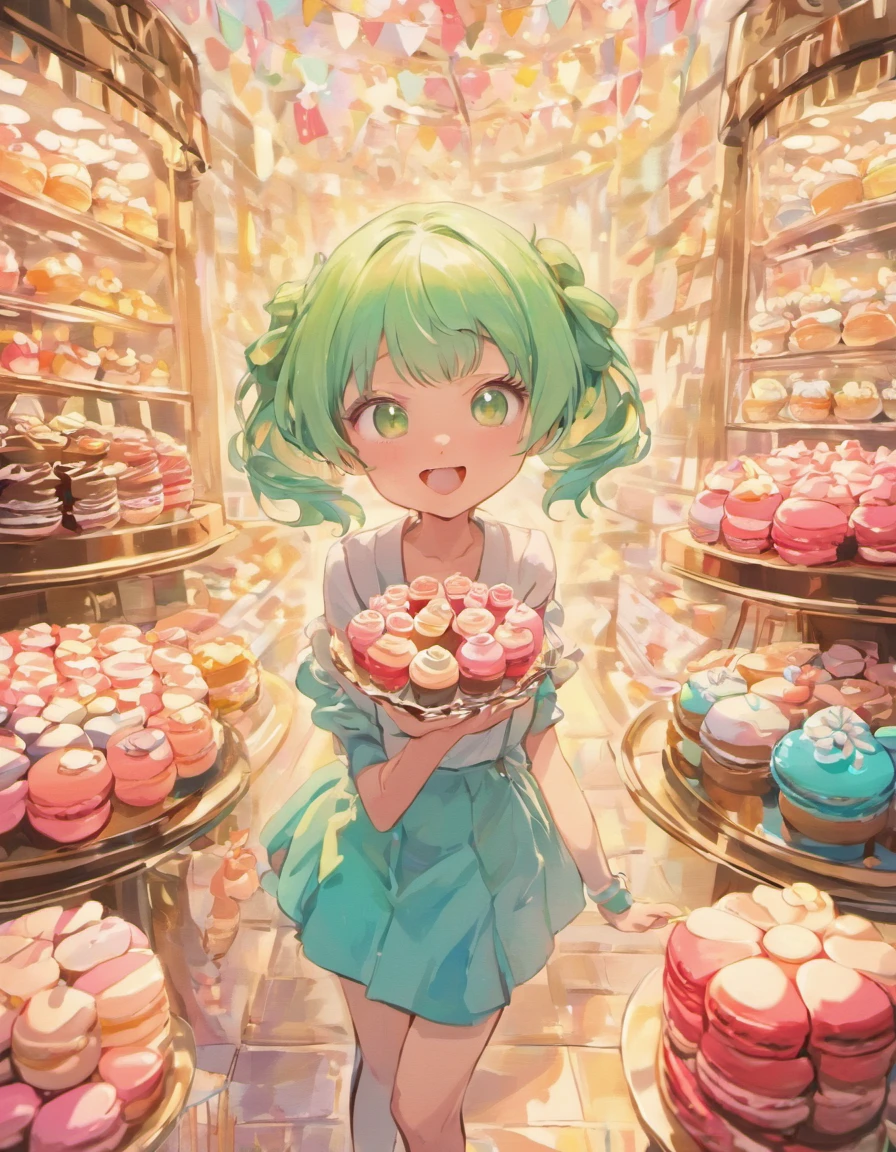 (best quality,highres:1.2),(ultra-detailed),(realistic:1.37)
A small girl with green hair, smiling and holding a chocolate, in a world of sweets. The girl has beautiful detailed eyes, beautiful detailed lips, and a happy expression on her face. She is wearing a colorful dress and surrounded by various sweets such as chocolate bars, cakes, ice cream, and macarons. The sweets are randomly arranged around her, creating a playful and whimsical atmosphere. The artwork has a pastel color design, with vibrant and vivid colors that bring the sweets to life. The lighting in the scene is soft and dreamy, casting a gentle glow on the girl and the sweets.