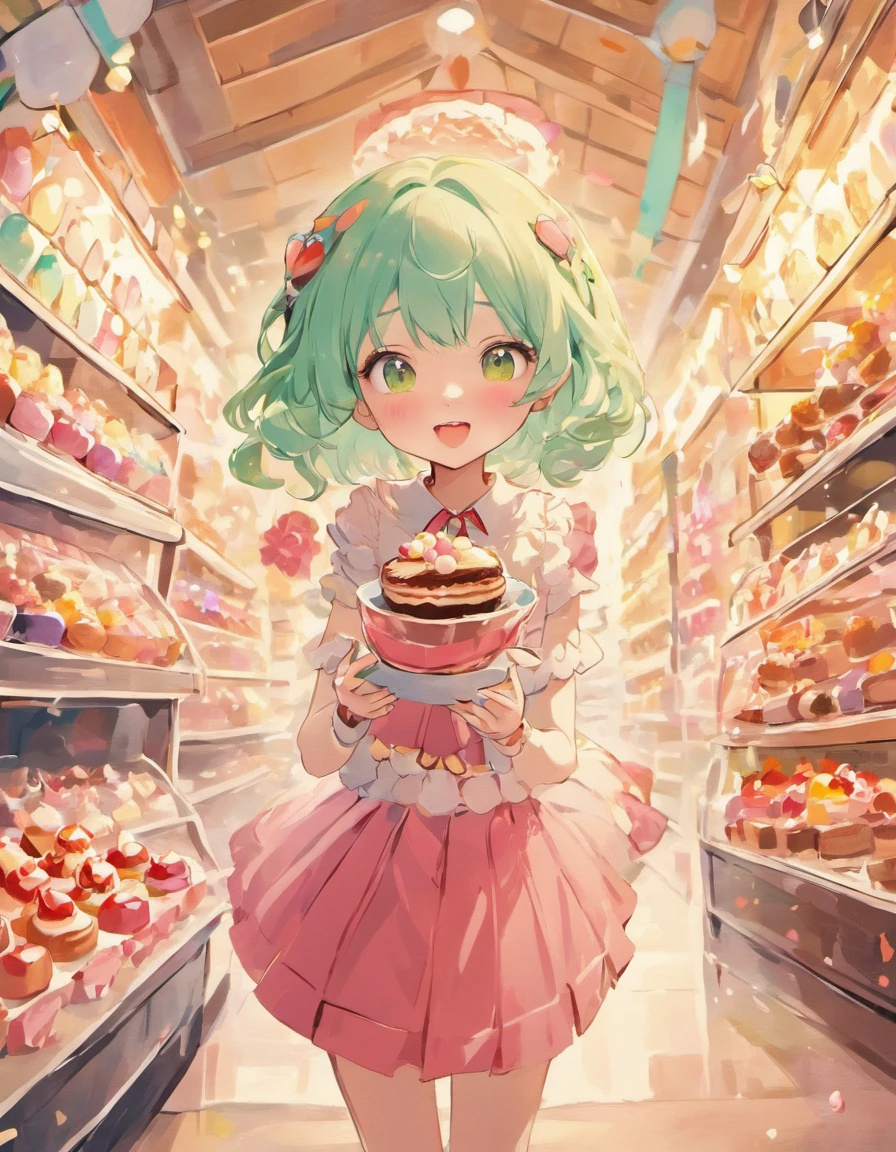 (best quality,highres:1.2),(ultra-detailed),(realistic:1.37)
A small girl with green hair, smiling and holding a chocolate, in a world of sweets. The girl has beautiful detailed eyes, beautiful detailed lips, and a happy expression on her face. She is wearing a colorful dress and surrounded by various sweets such as chocolate bars, cakes, ice cream, and macarons. The sweets are randomly arranged around her, creating a playful and whimsical atmosphere. The artwork has a pastel color design, with vibrant and vivid colors that bring the sweets to life. The lighting in the scene is soft and dreamy, casting a gentle glow on the girl and the sweets.