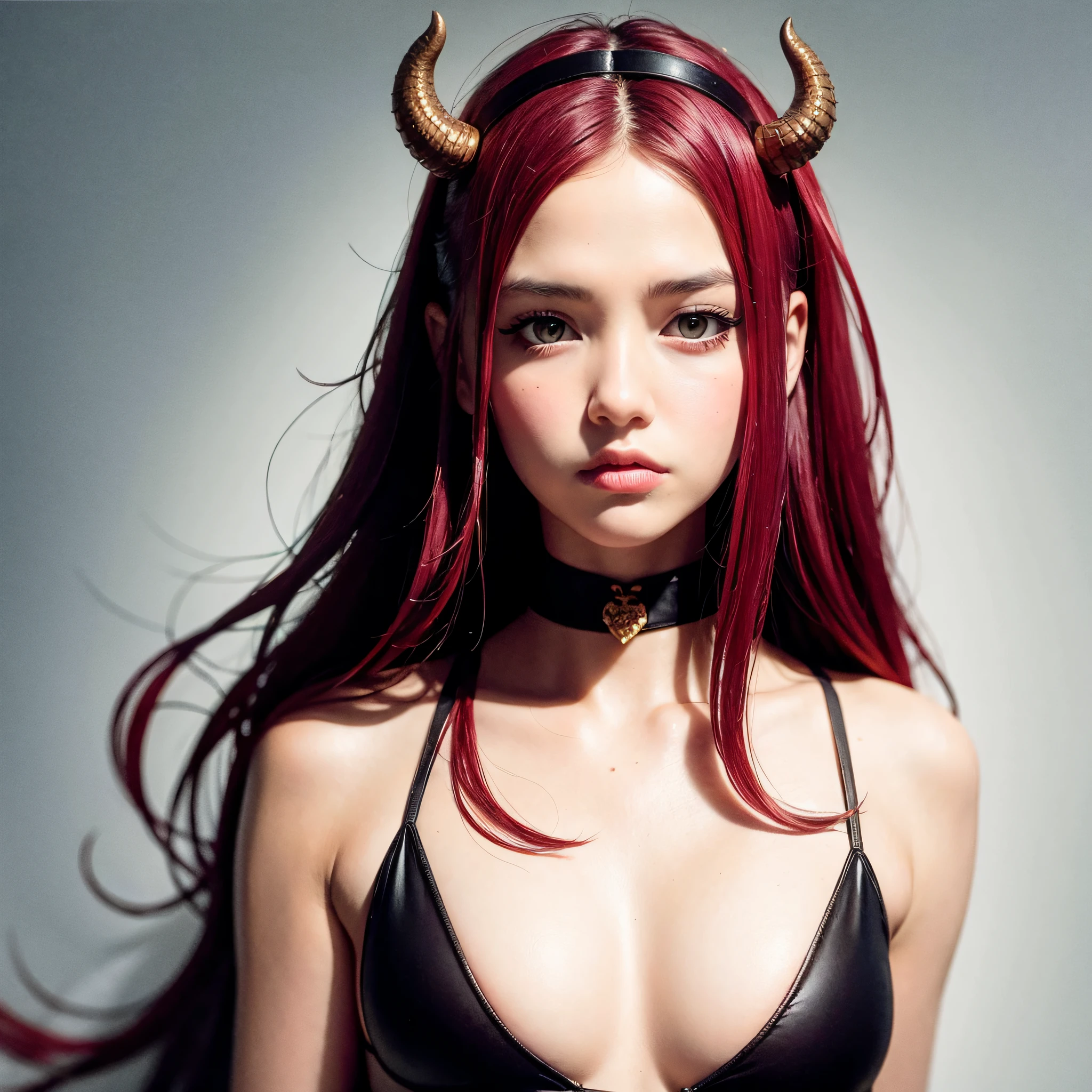 young Dragon-Girl, deep red hair, big hair, portrait, serious face, small breast, one yellow eye, Queen of Dragons, Dynasty of fire