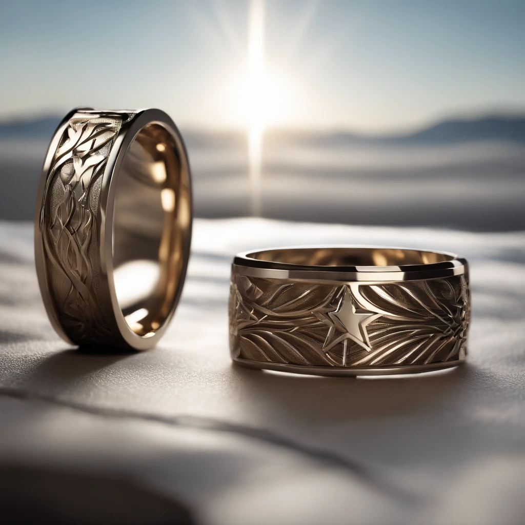 （（Ring design concept art）），silver ring，（Ring concept blueprint），（（Wavy rings）），Engraved with a five-pointed star，Natural sunlight，Shining Effect