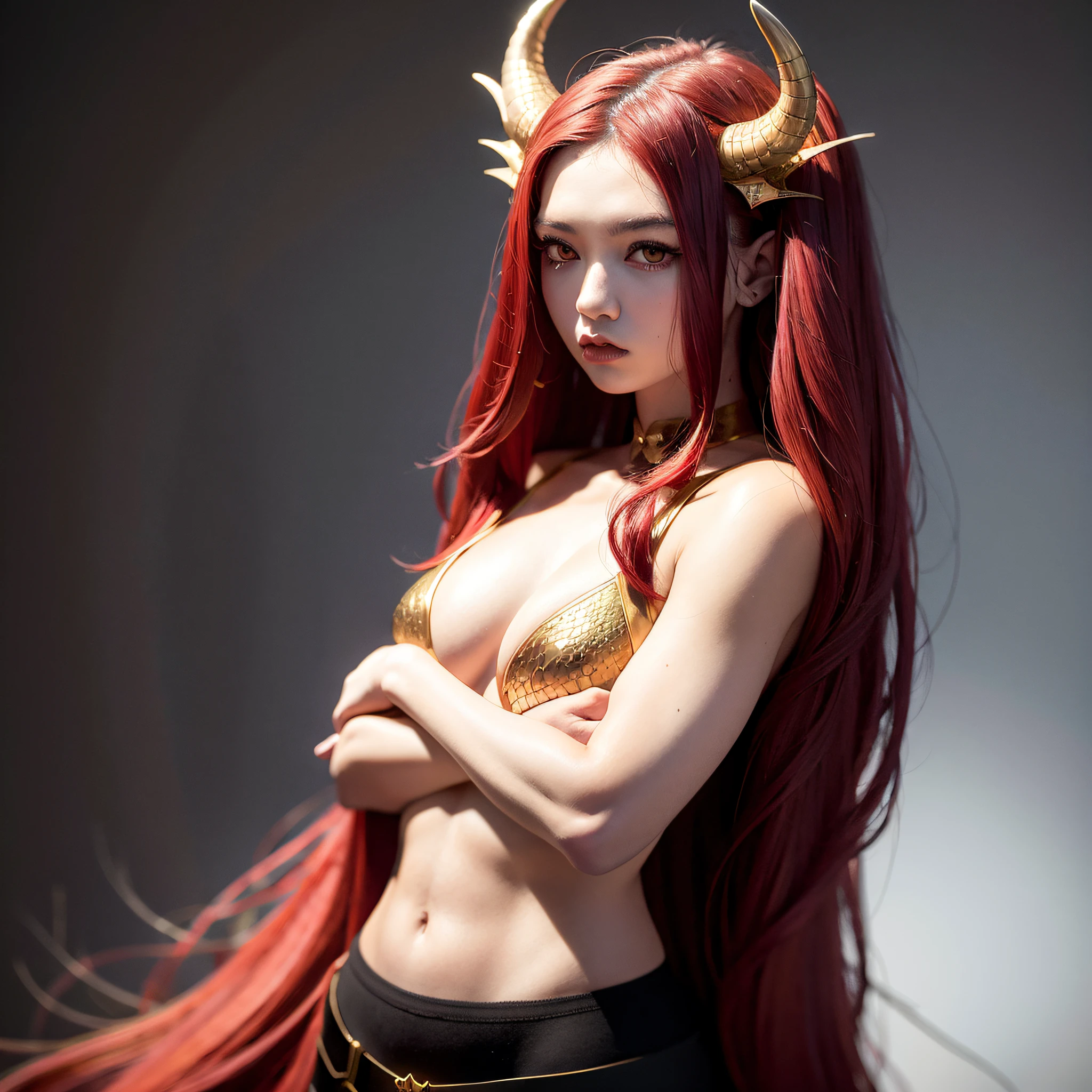 young Dragon-Girl, deep red hair, big hair, portrait, serious face, small breast, one yellow eye, Queen of Dragons, Dynasty of fire