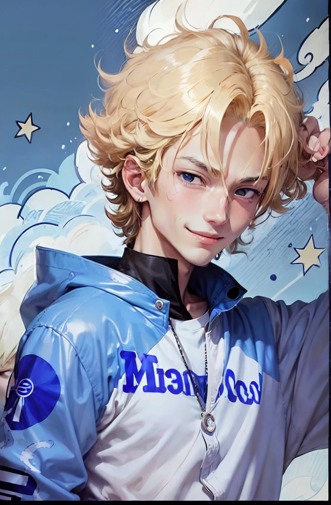 One piece character, Eiichirou Oda style, blonde boy, boy with split curly hair, handsome boy, boy smiling a lot, blue and white clothes, milk flying milk power