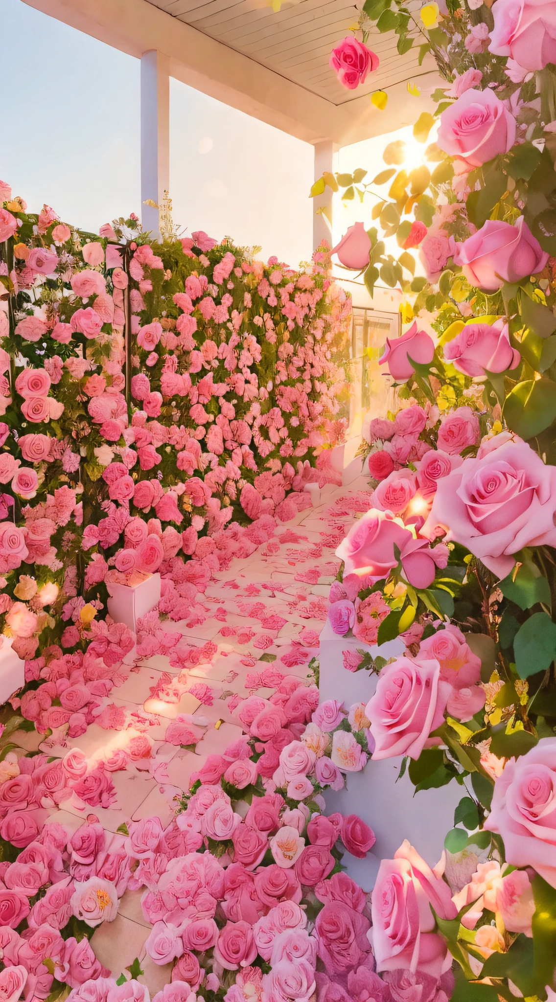 Many pink roses grow on one side of the building, pink golden hour, an aesthetic field of flowers, portal made of roses, Beautiful and aesthetic, beautiful aesthetic, heaven pink, Flowers explode, Lots of flowers, blossoming path to heaven, Beautiful flowers, shades of pink, with soft pink colors, Pink flowers, rosses