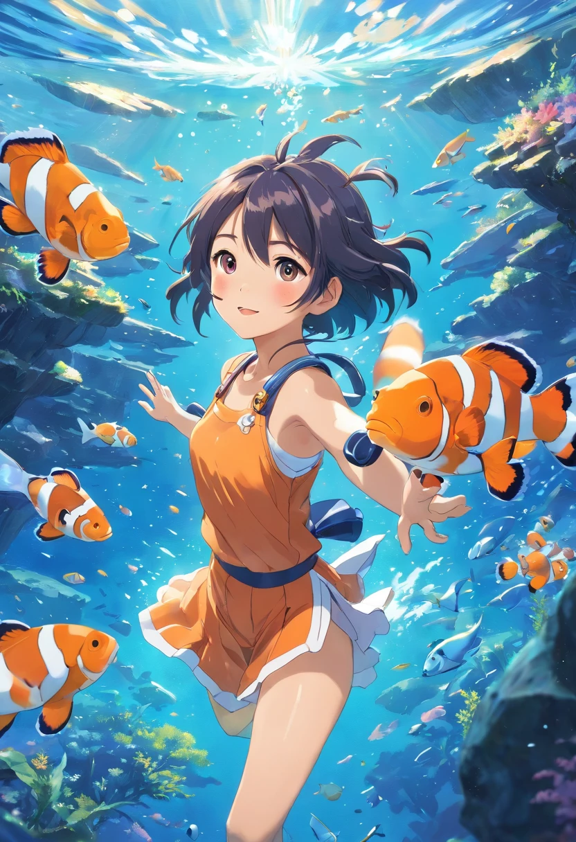 (Best Quality,Ultra-detailed,Realistic:1.37),Deep blue in the water,Flock to large flocks of clownfish swimming gracefully in the center,sea weed,boulders,sea turtle,monkfish,and divers.